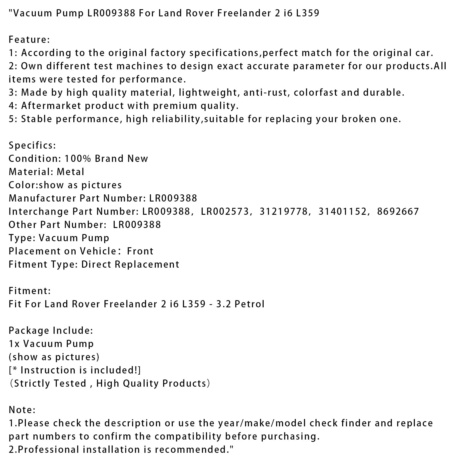 Pompa del vuoto generico per Land Rover Freelander 2 I6 L359 (LR009388, LR00257, 331219778)