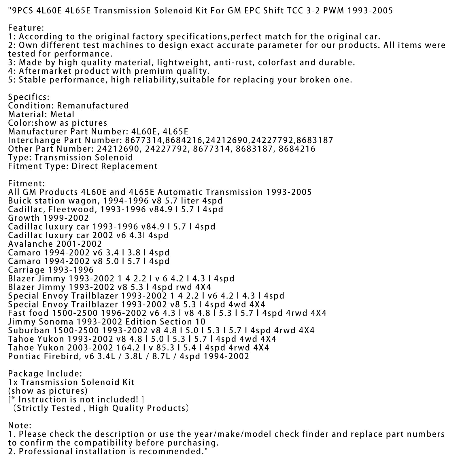 1993-2002 Tahoe Yukon V8 4,8 L 5,0 L 5,3 L 5,7 L 4 Prędkości 4-kółka 4x4 9 sztuk 4L60E 4L65E Solénoid Transmission Zestaw 8677314