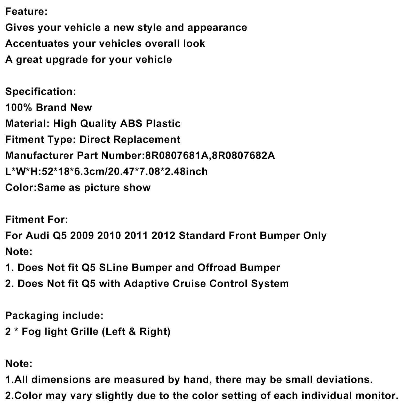 Grid de parachoques delantero y chaqueta de luz antiniebla para Audi Q5 2009-2012 (2 habitaciones)