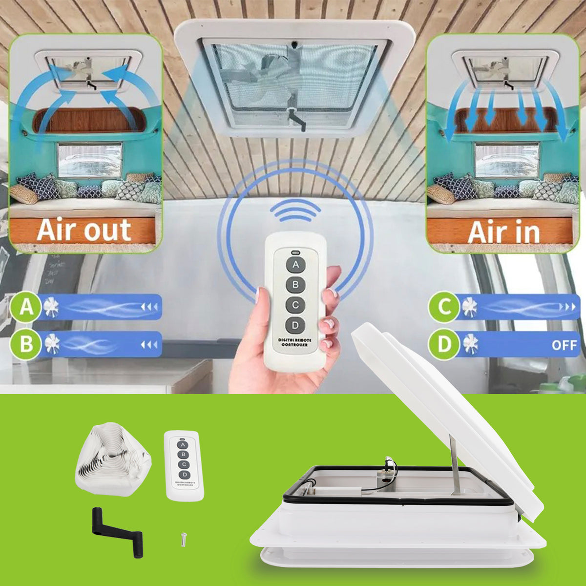 14" caravane lucarne toit évent télécommande camping-car RV ventilateur