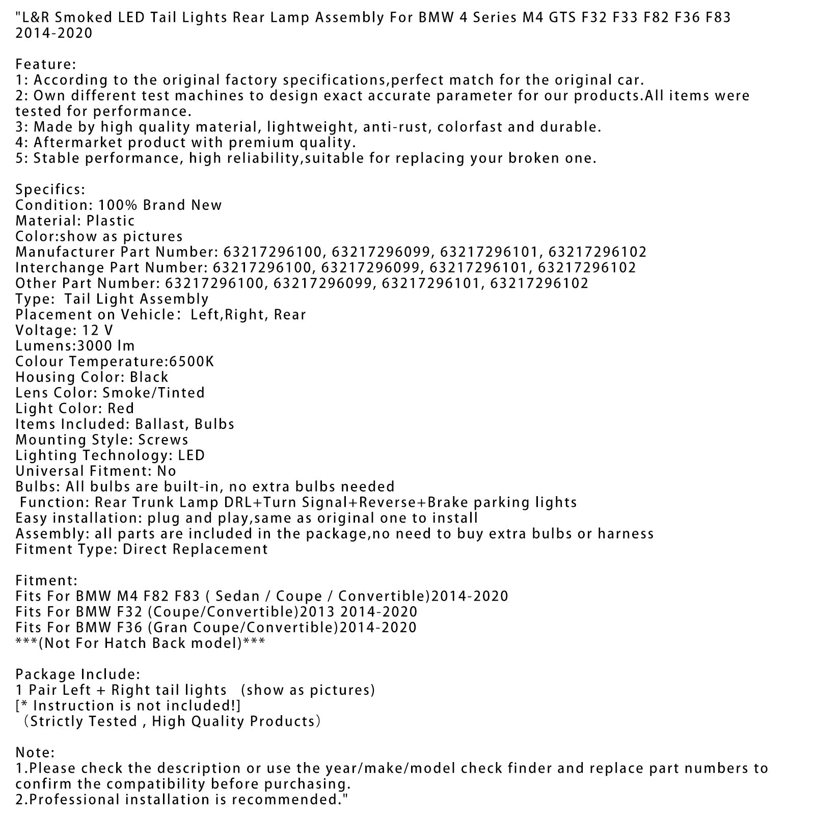 Feux arrière à LED fumés gauche et droite pour BMW F36 (Gran Coupé/Cabriolet) 2014-2020, ensemble de feux arrière 63217296100 63217296099