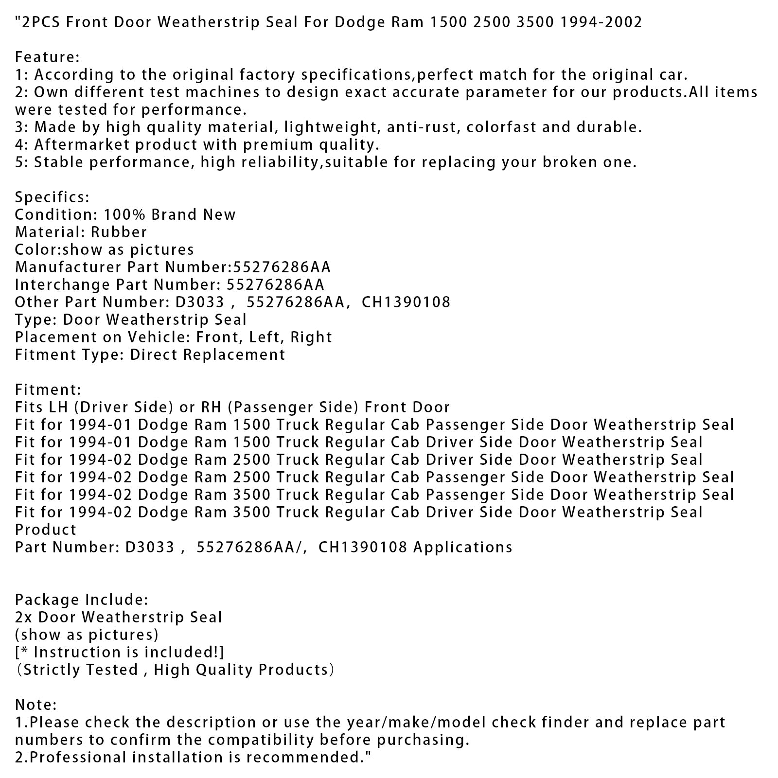 Staw&Uszczelka drzwi przednich 2 szt. do Dodge Ram 1500 2500 3500 1994-2002