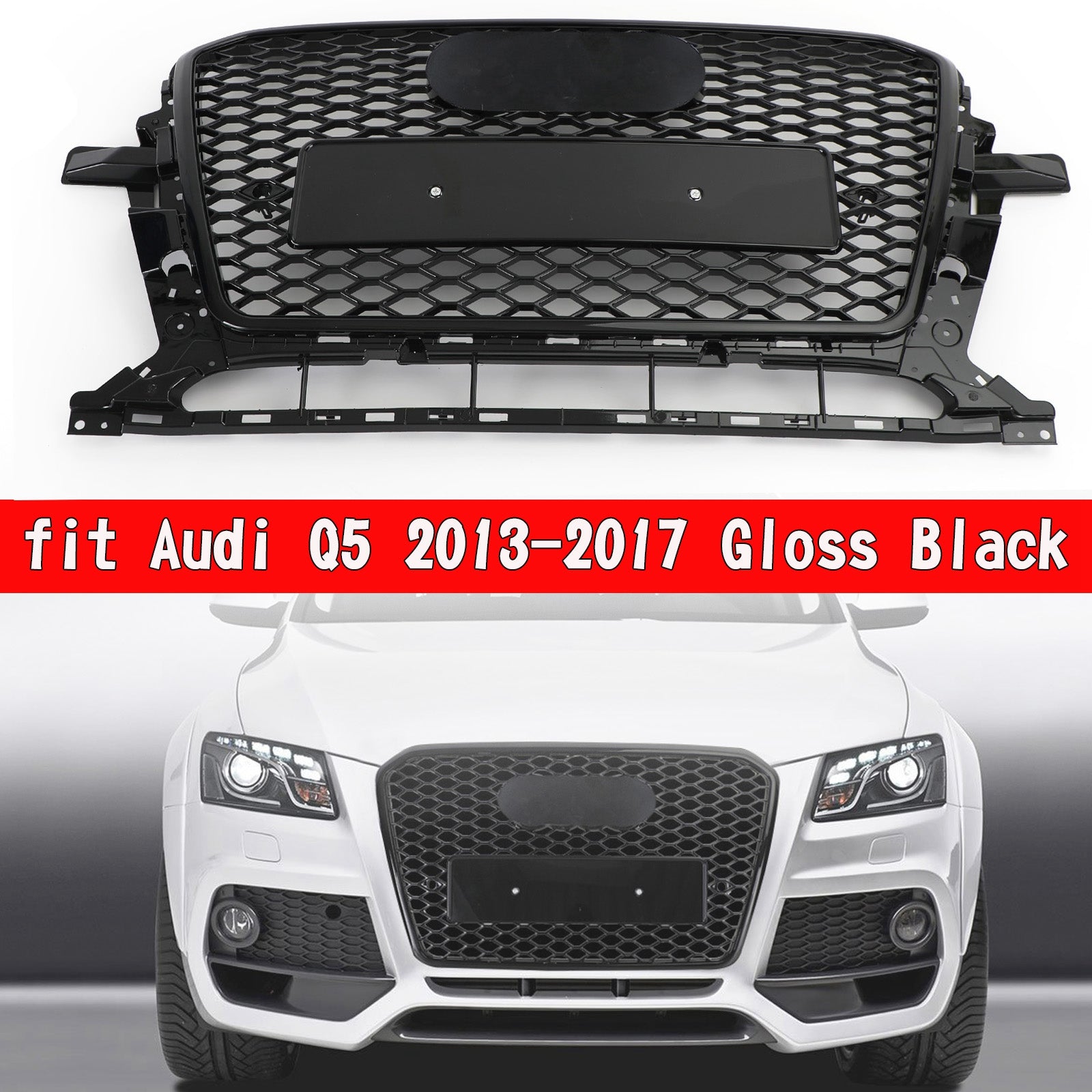 RSQ5 Style Honeycomb Mesh Sport Hex Grill fit Audi Q5 2013-2017 Gloss Black