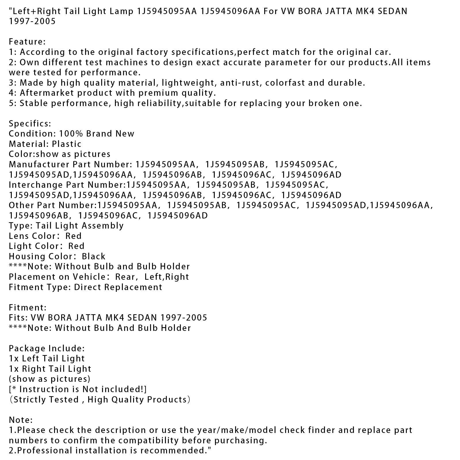 Feu arrière gauche et droit pour VW Bora Jatta MK4 Berline (1997-2005), référence 1J5945095AA 96AA