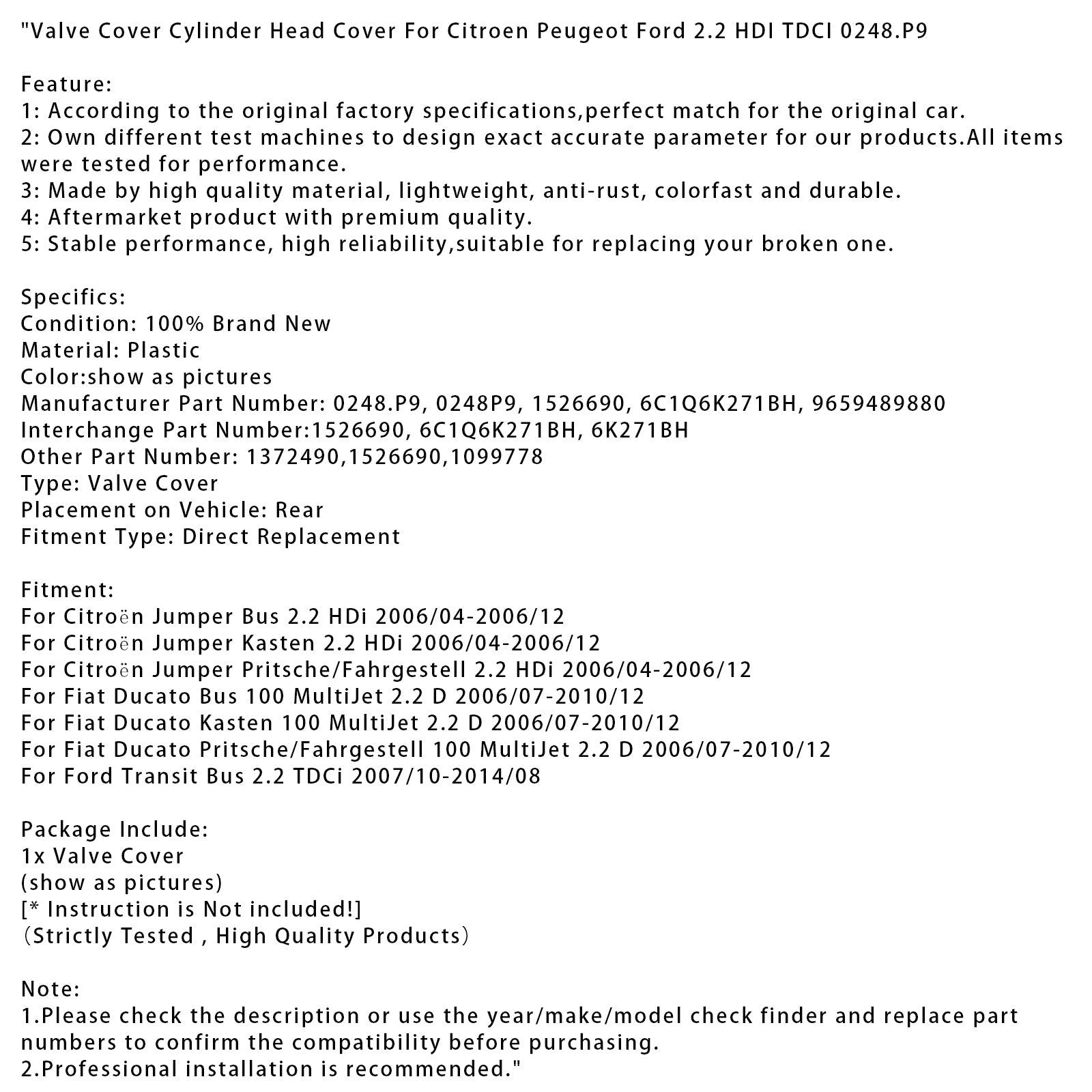 2006/04-2006/12 Citroën Jumper Pritsche/Fahrgestell 2.2 Copertura della valvola HDI COPERCHIO CULASS 0248.P9 9659489880