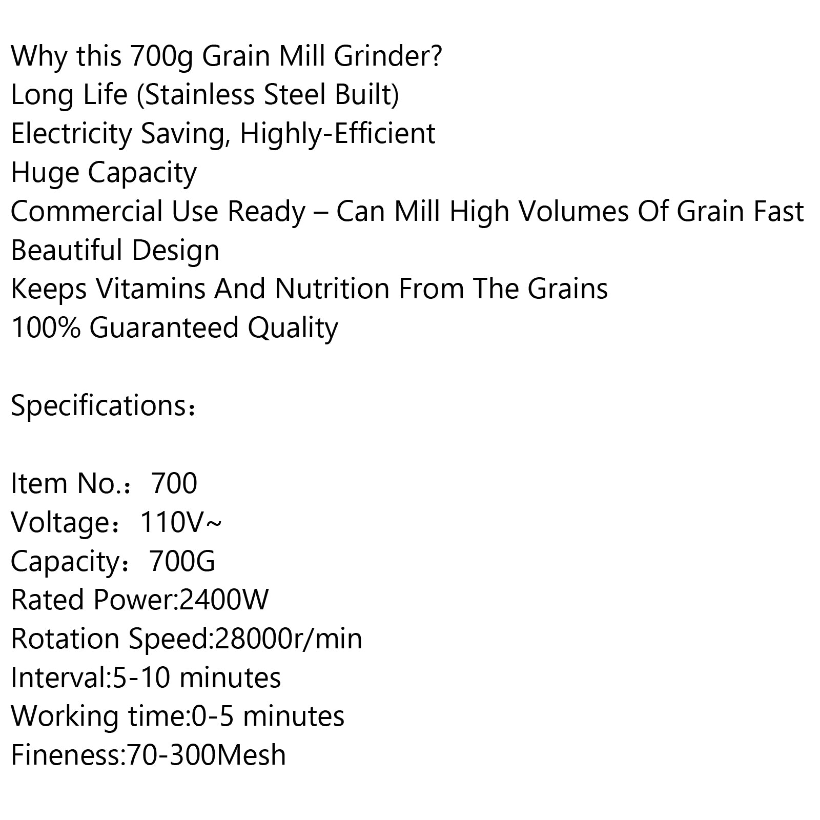 Broyeur à herbes et à grains électrique 700 g - Haute vitesse/Durée de vie importante