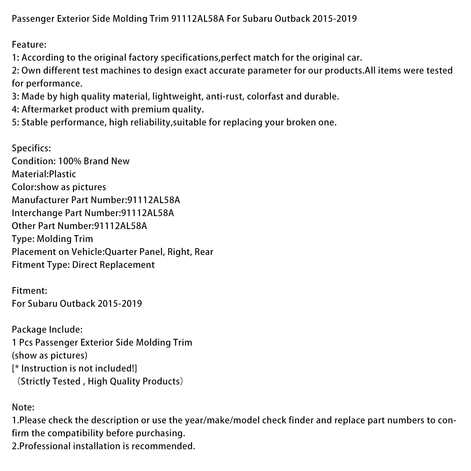 Zunanja stranska letev na sovoznikovi strani za Subaru Outback 2015-2019, številka dela 91112AL58A