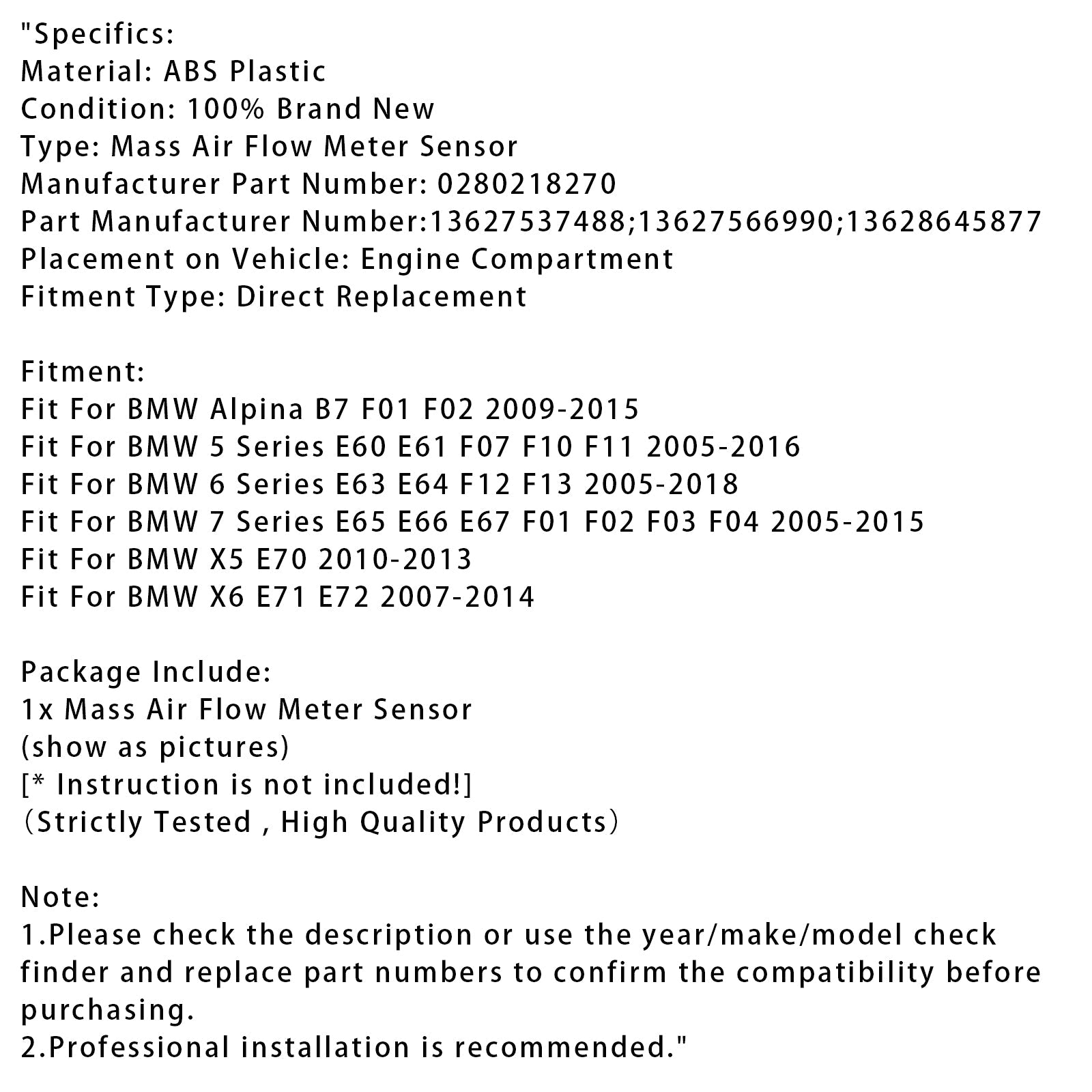 Capteur de débitmètre d'air massique pour BMW F10 F11 F01 E60 E61 550i X5 4.4L 0280218270