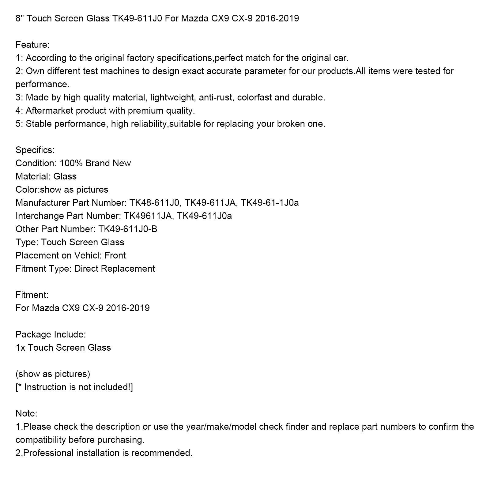 2016-2019 Mazda CX9 CX-9 8 "TK49-611J0 pantalla táctil de cristal para TK48-611J0
