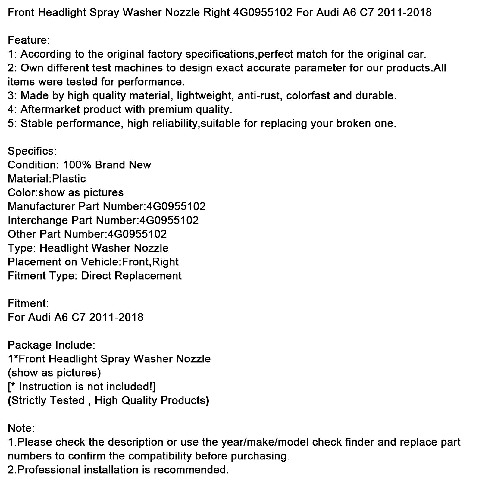 Boquilla lavafaros delantera derecha para Audi A6 C7 (2011-2018) - Número de pieza :4G0955102