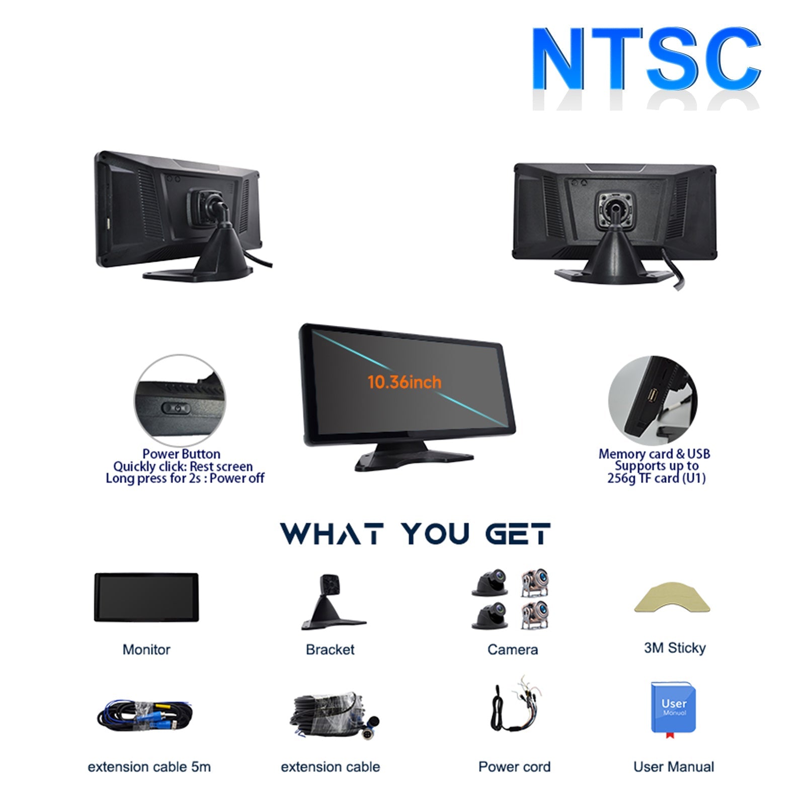 Pantalla táctil cuántica IPS de 10,36 pulgadas 1600x720 para camión RV + 4 cámaras de marcha atrás