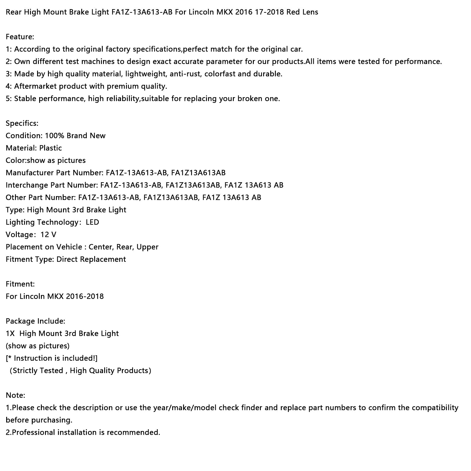 Verhoogde achterste stoplicht voor Lincoln MKX 2016-2018, rode lens FA1Z-13A613-ABB