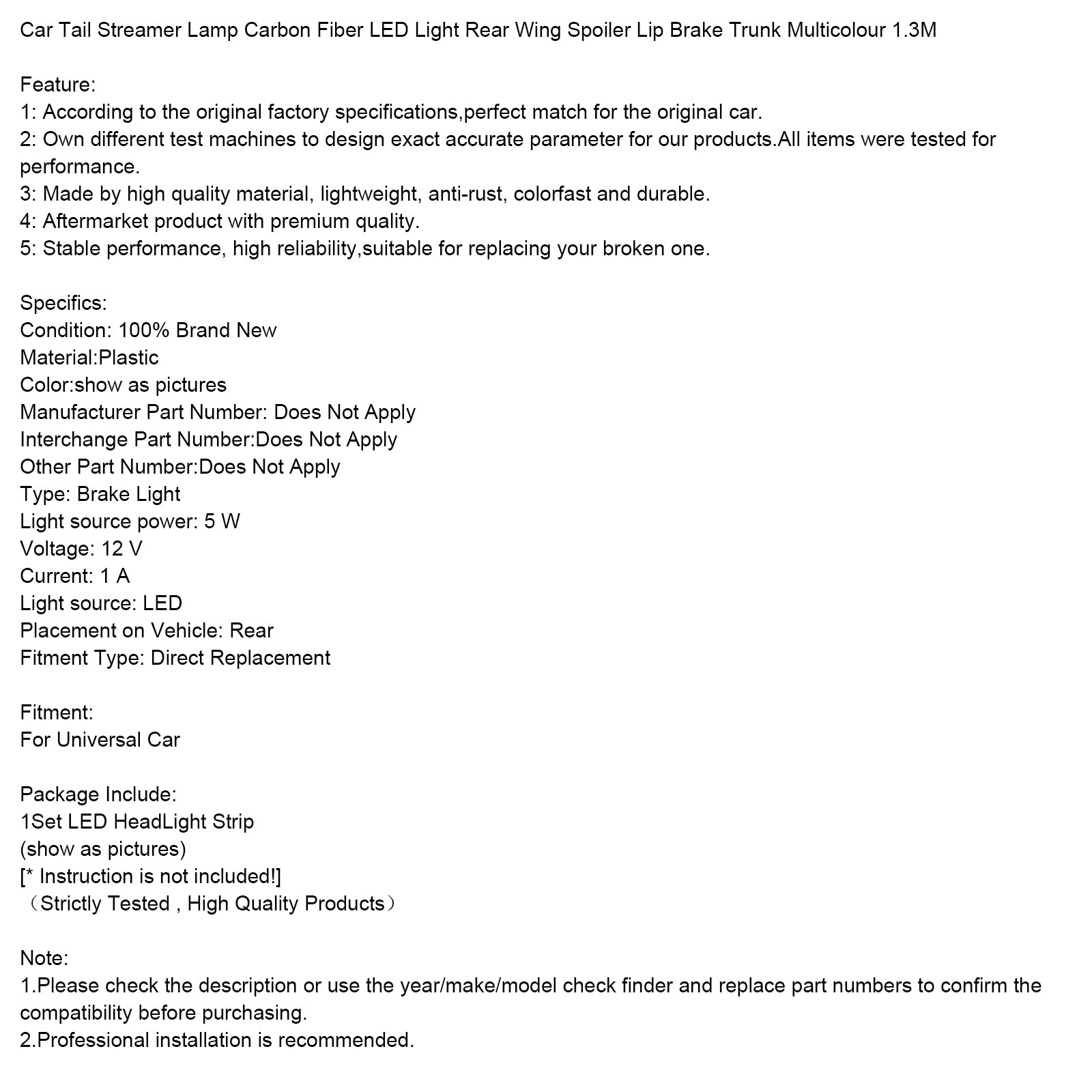 Coche de carbono de carbono trasero, fuego LED, alerón trasero, labio de freno, cofre, multicolor, 1.3 m