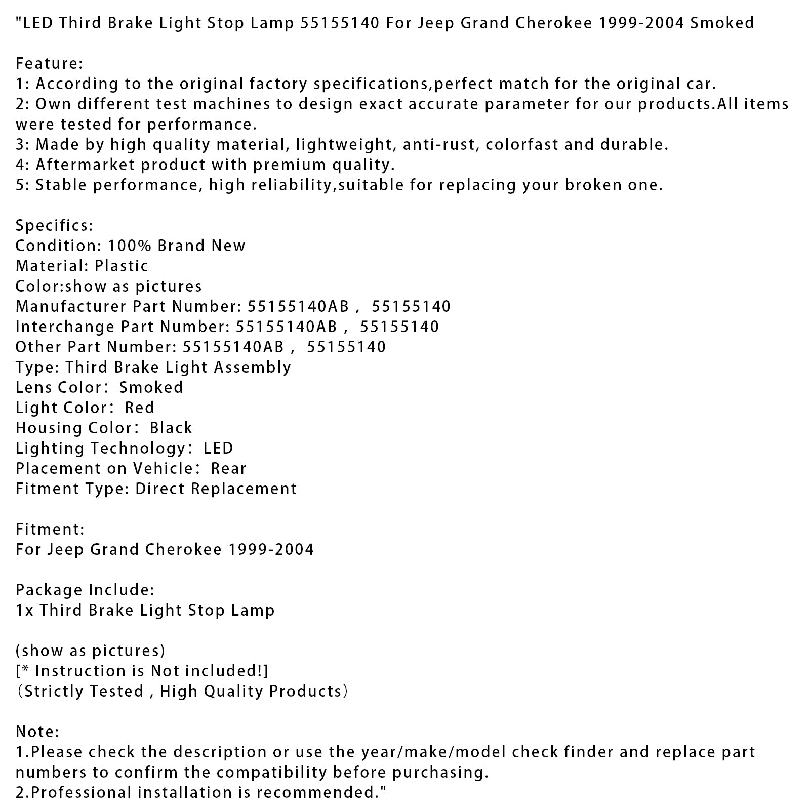 Troisième feu stop à LED fumé pour Jeep Grand Cherokee (1999-2004), référence 55155140