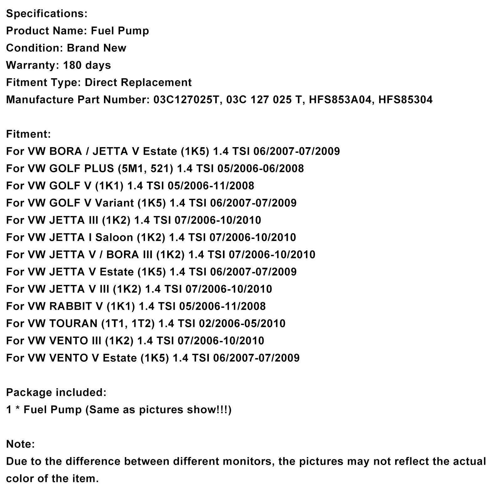 06/2007-07/2009 VW BORA/JETTA V Station Wagon (1K5) 1.4 TSI Pompa carburante ad alta pressione 03C127025T HFS853A04
