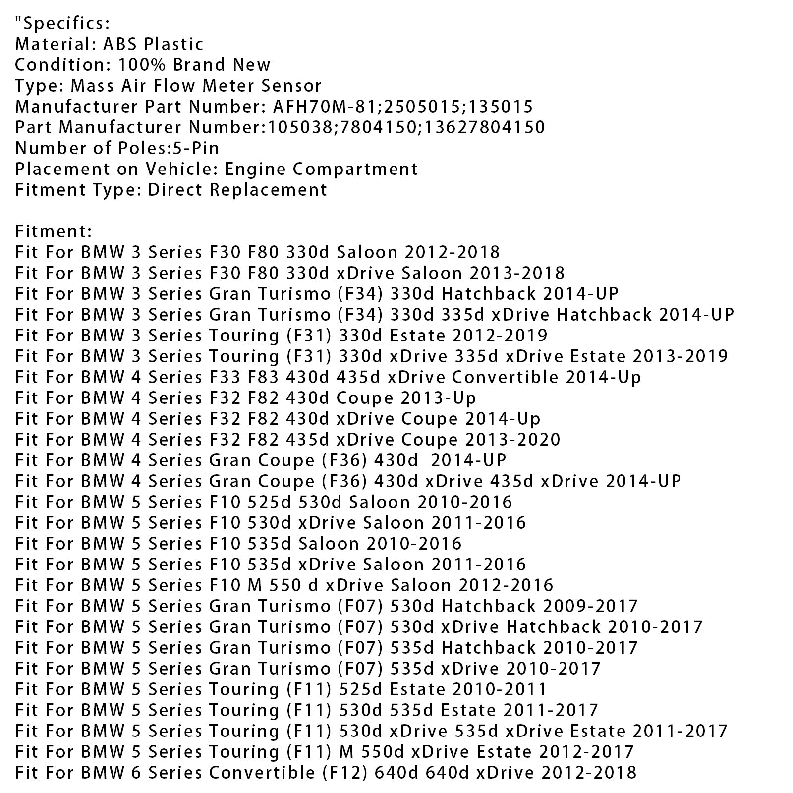 Senzor merilnika pretoka d'zračna masa za BMW 330d 525d 530d X3 X4 13627804150