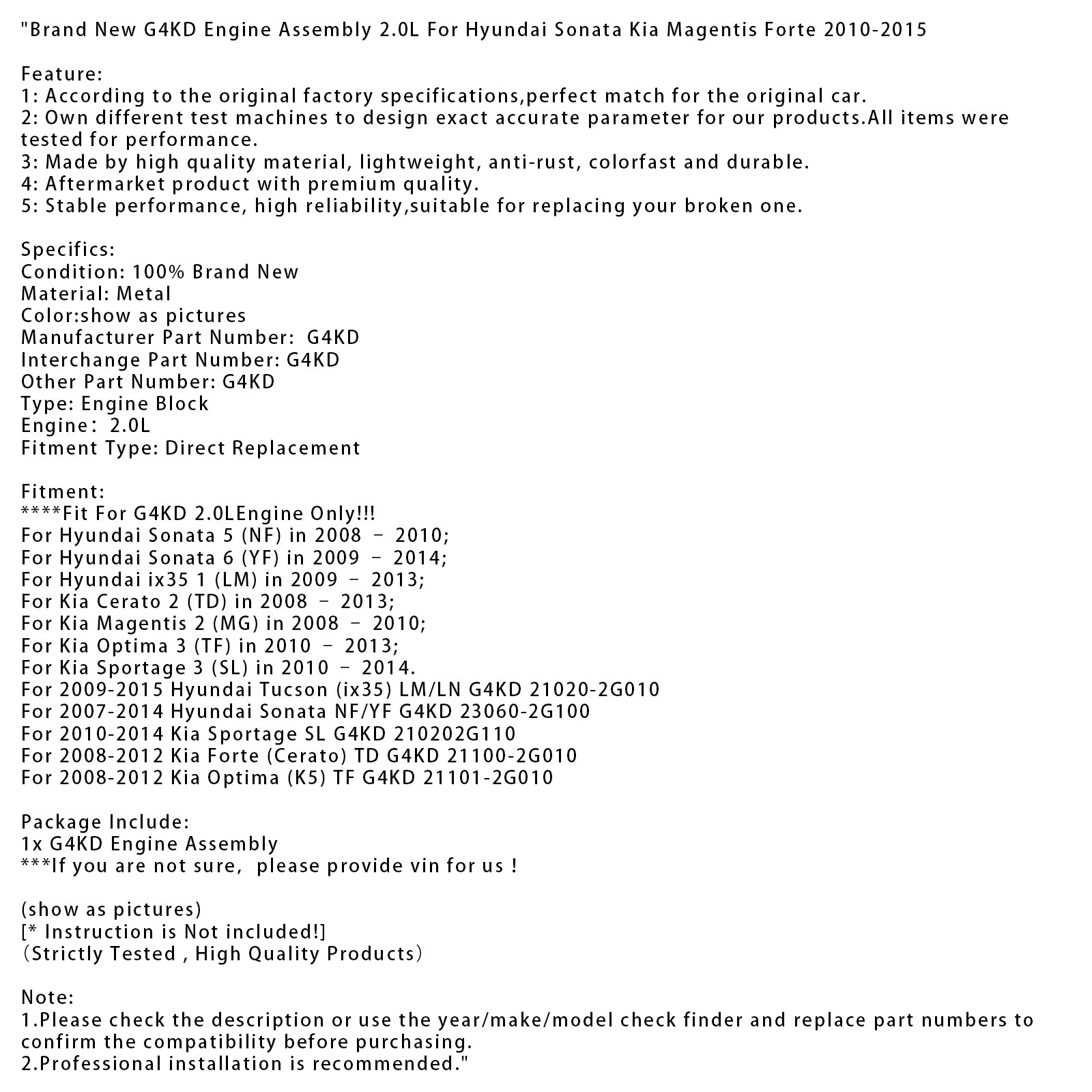 Completo blocco motore G4KD 2.0L - Sostituzione diretta - Rif. 21020-2G010, 23060-2G100