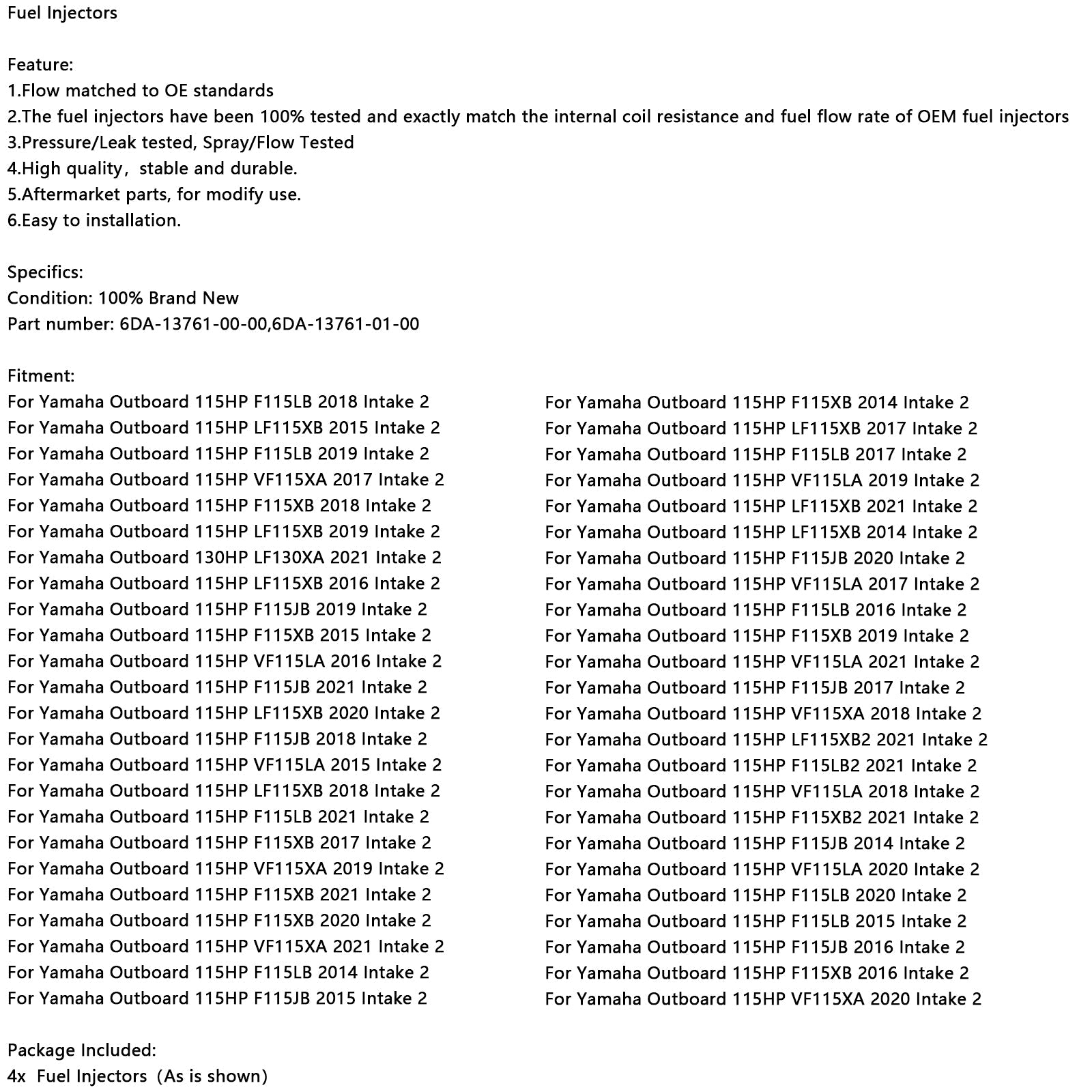 Injecteur de carburant 4 pièces 6DA-13761-01 pour hors-bord Yamaha 150 175 200 HP 6DA-13761-00-00