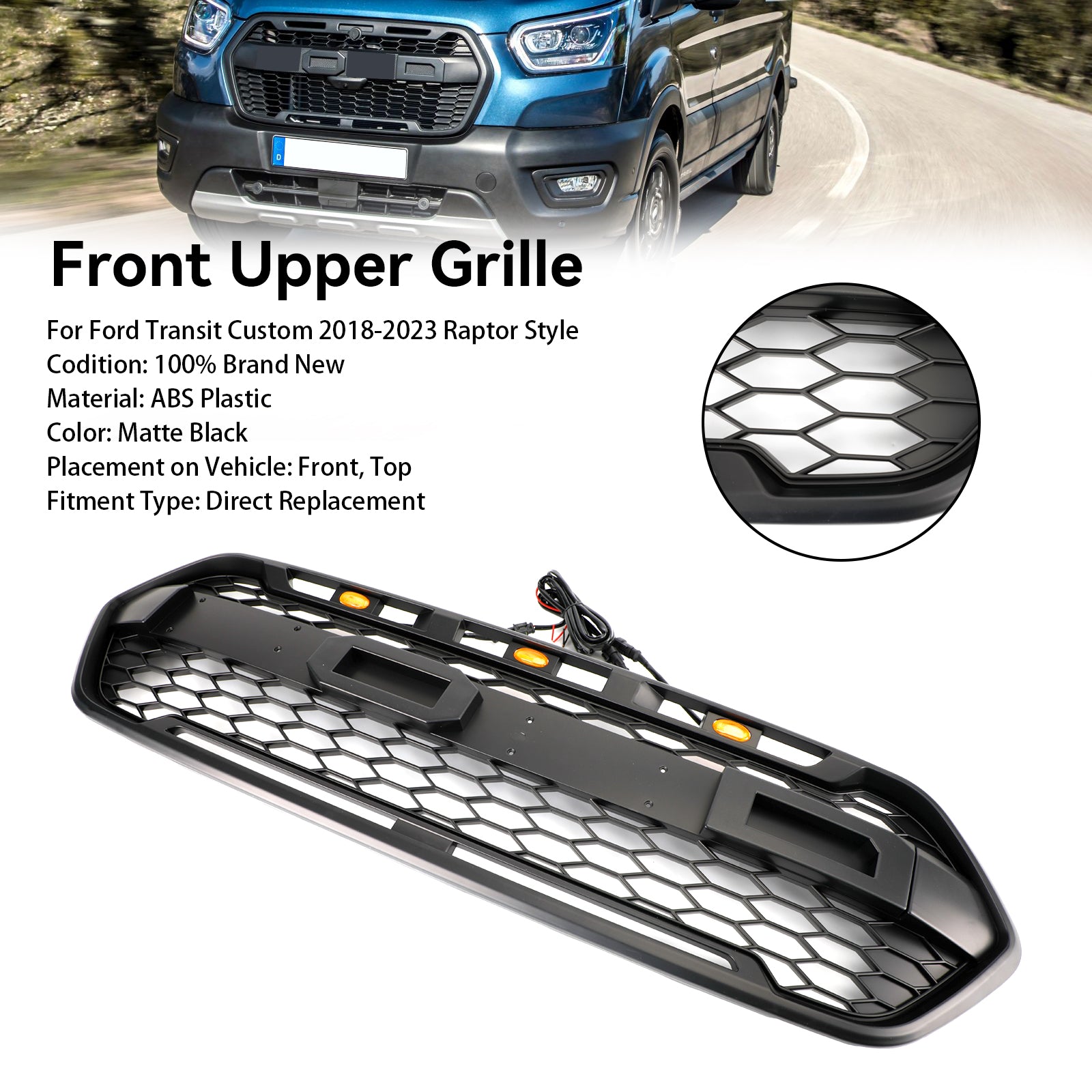 Griglia paraurti anteriore nera opaca per Ford Transit Custom Trail 2018-2023 con 3 LED