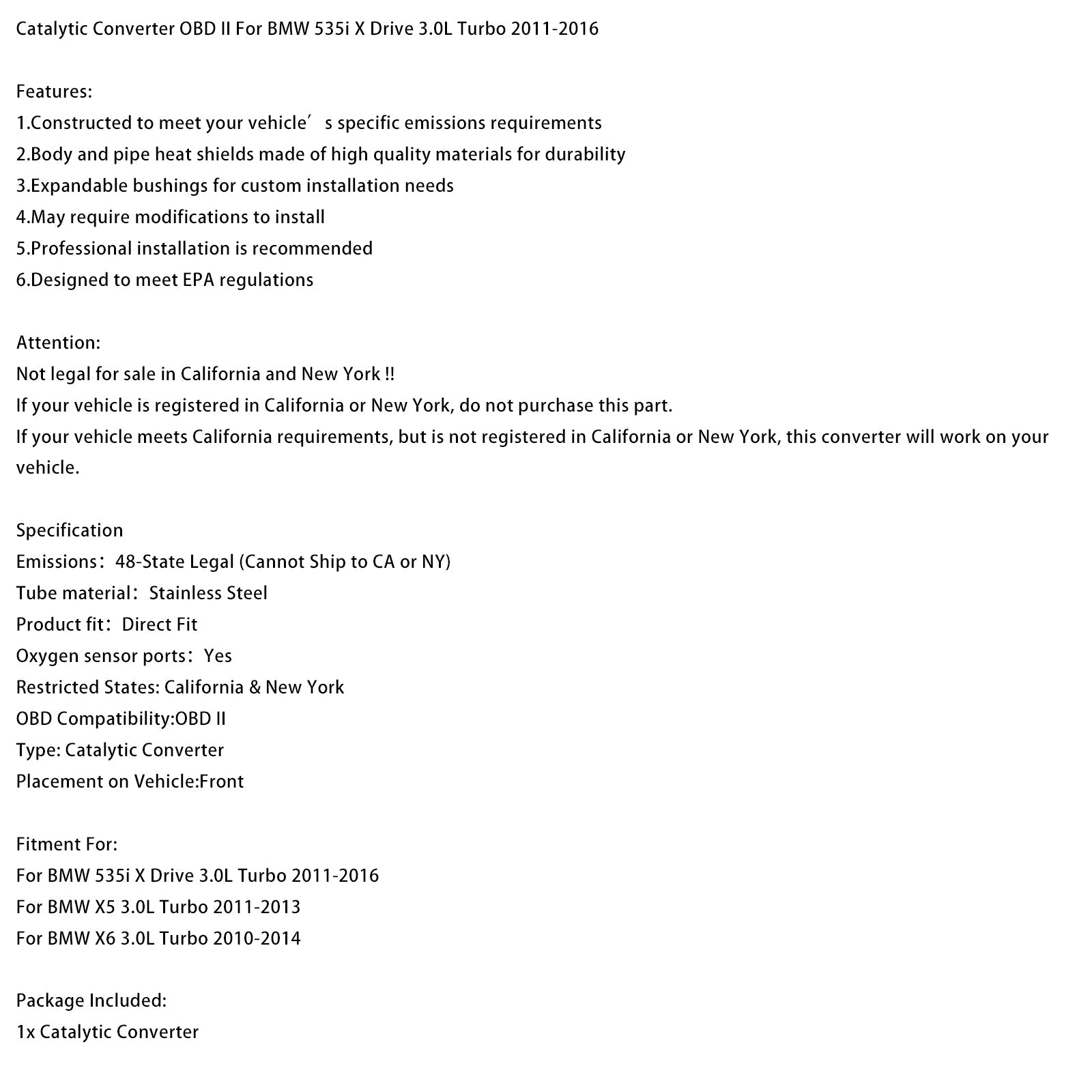Convertitore catalitico OBD II per BMW 535i X Drive 3.0L Turbo (2011-2016)