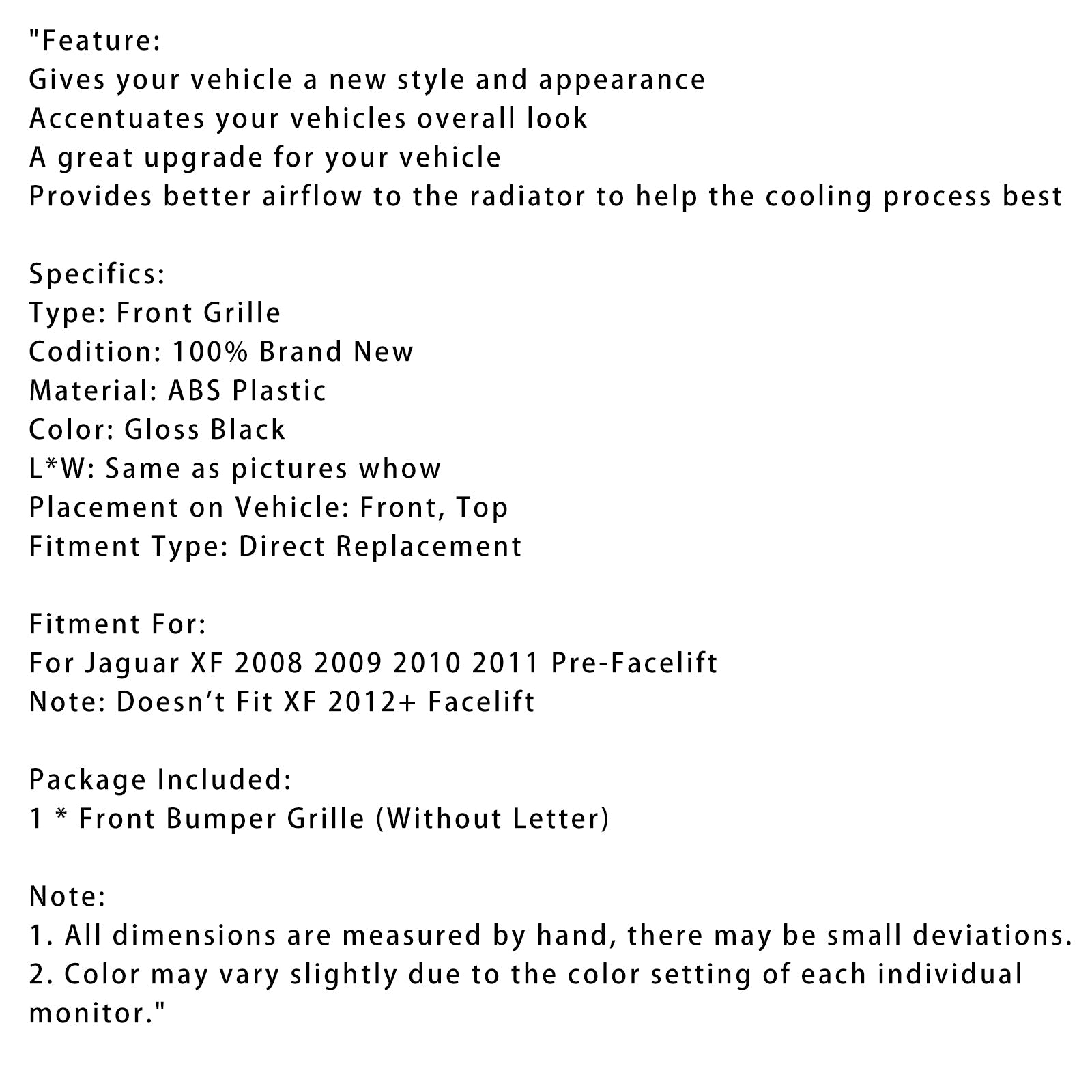 Grille de pare-chocs avant style Jaguar XF XF-R 2008-2011, noir brillant