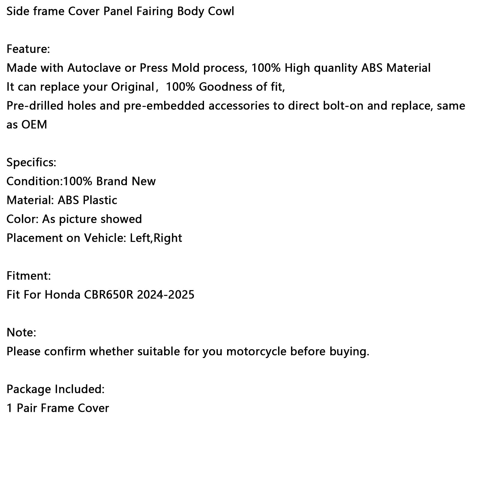 Panneau de protection du cadre latéral, carénage, capot, pour Honda CBR650R 2024-2025