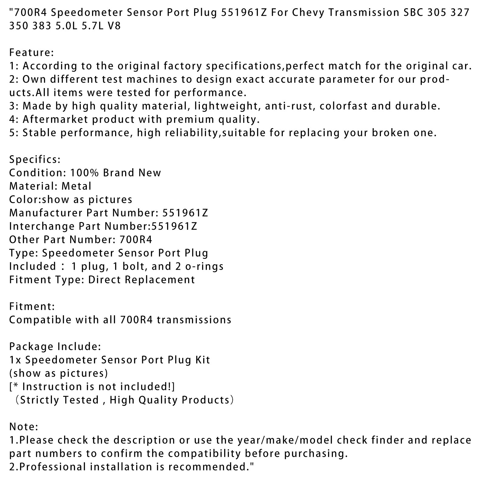 Vrata senzorja za hitrost 700R4 551961Z za prenos Chevy SBC 305 327