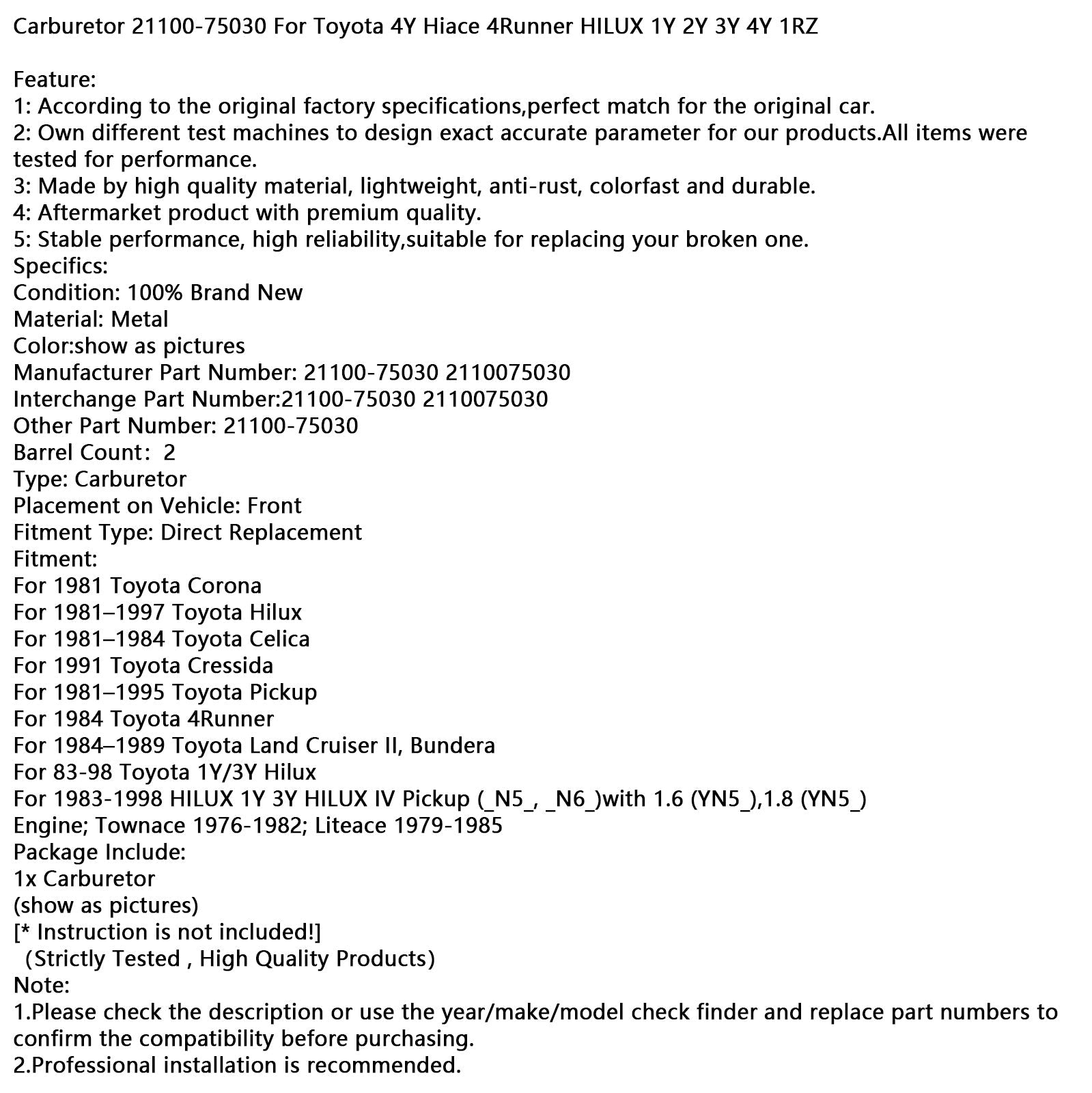 Carburateur Toyota Hilux 1981–1997 21100-75030