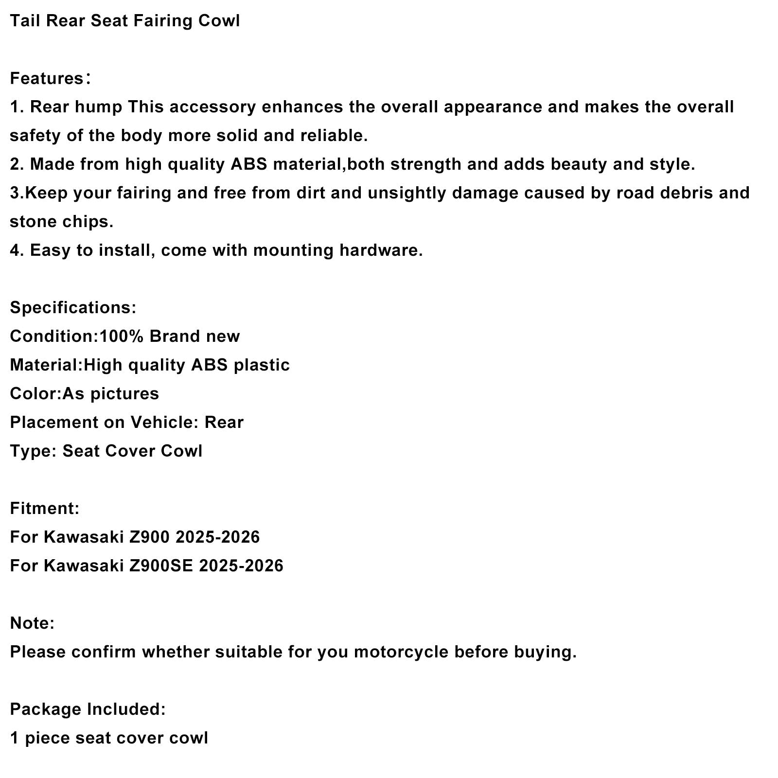 Carénage arrière de selle pour Kawasaki Z900 Z900SE 2025-2026