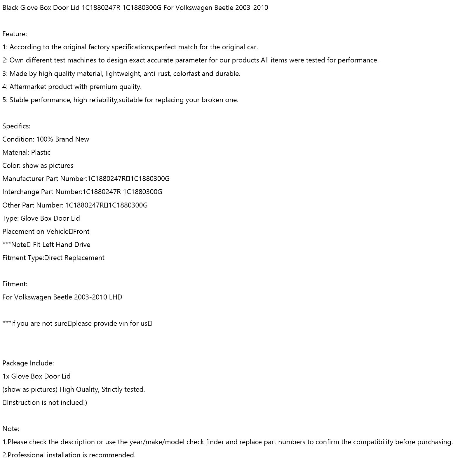 Tapa de puerta de guantera negra 1C1880247R 1C1880300G para Volkswagen Beetle 2003-2010