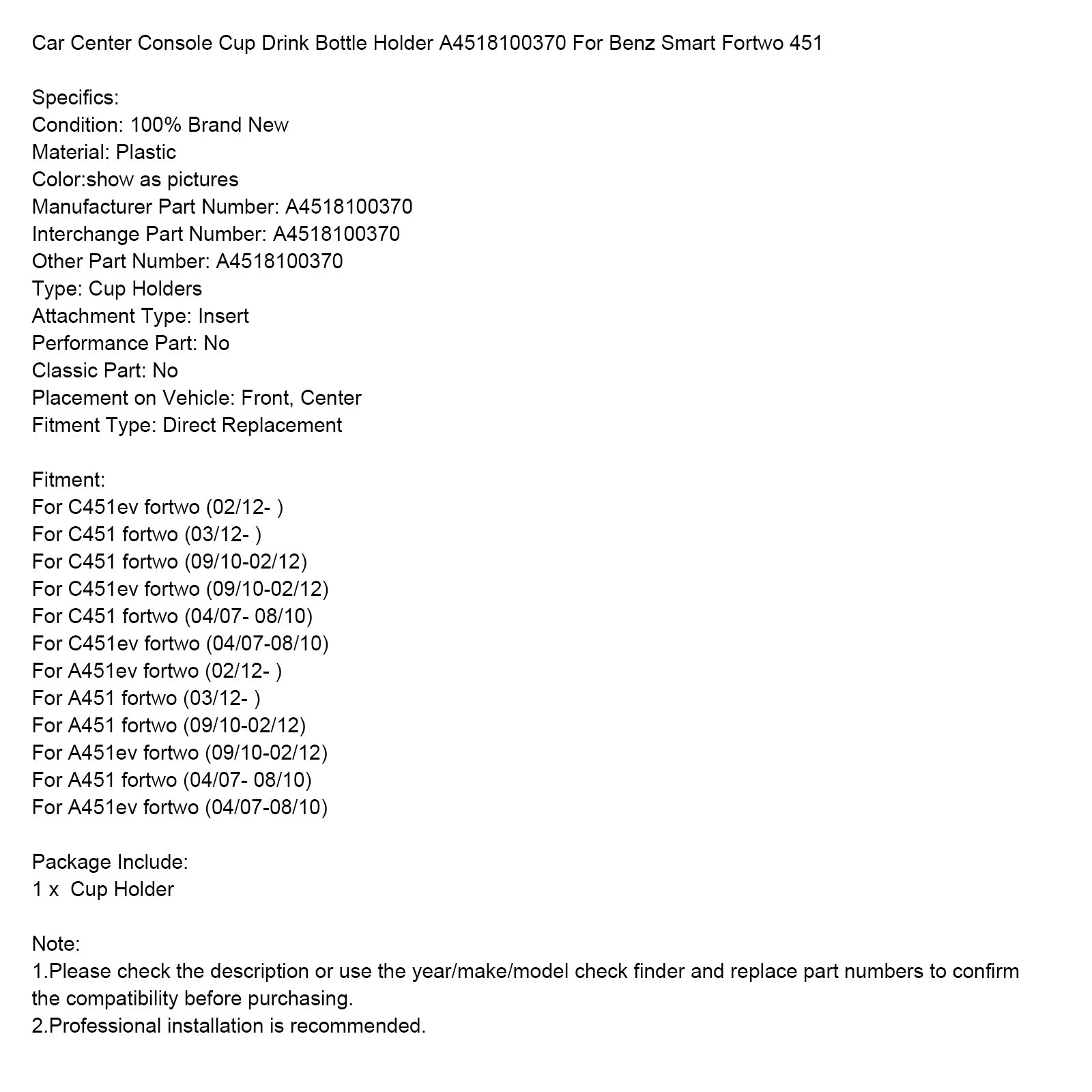 Szklany uchwyt na centralną konsolę samochodową A4518100370 dla Smart Fortwo