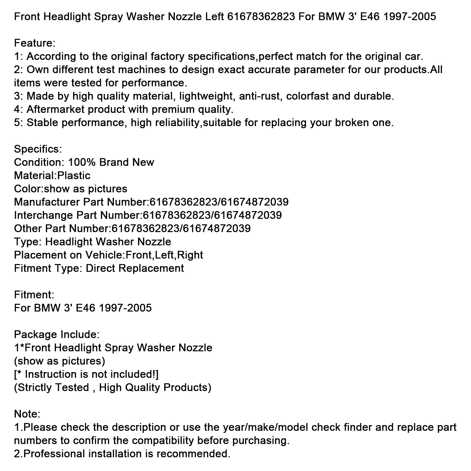 Buse de lave-phare avant gauche pour BMW Série 3 E46 (1997-2005) - Référence : 61678362823