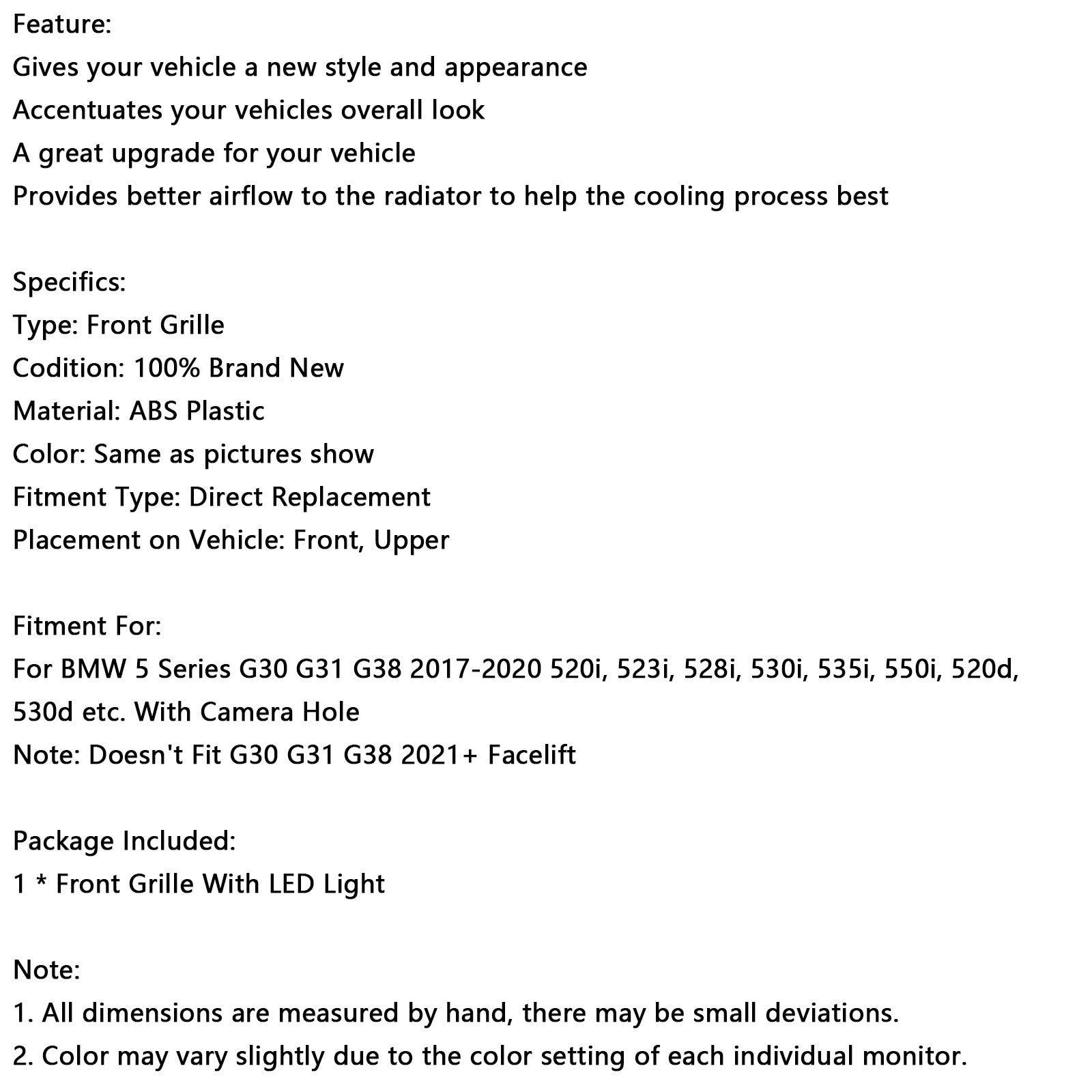 Calandre avant à double lamelles pour BMW Série 5 G30 G31 2017-2020, noir brillant