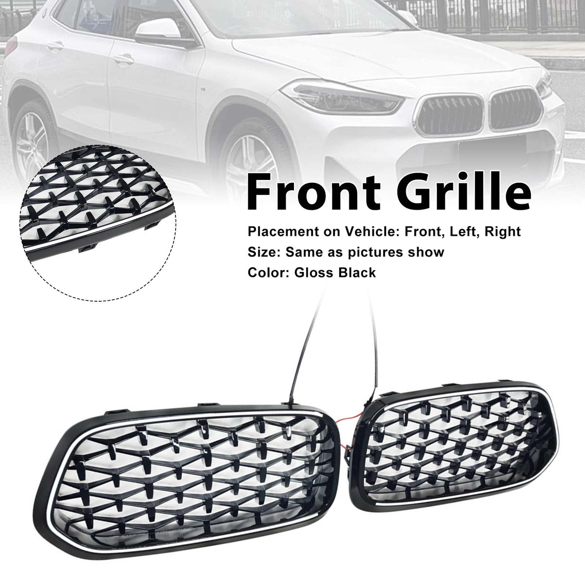Black Front Bumper Grill Grille Pour BMW X2 Series F39 2018-2023 Diamond