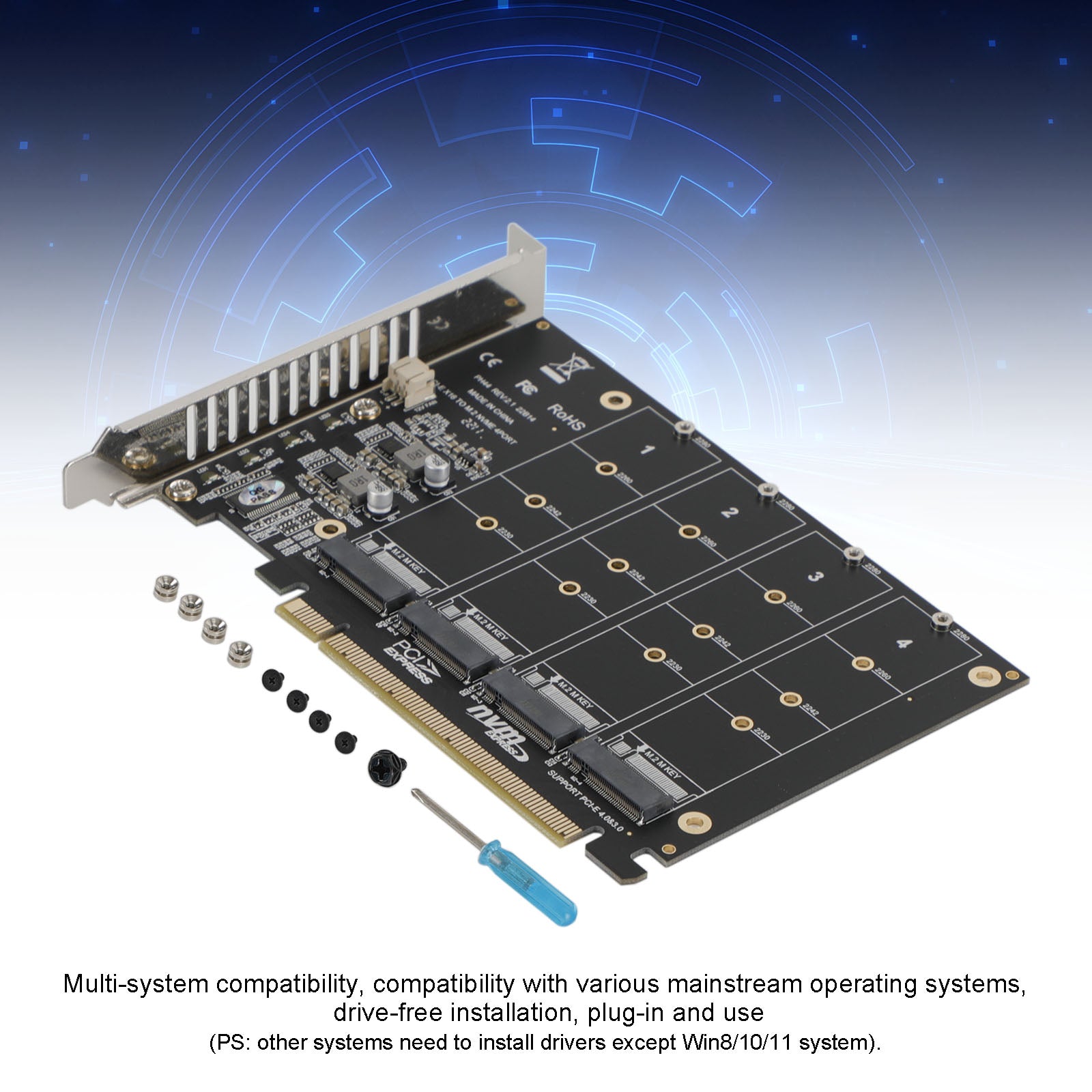 Carte Array 4 Disques NVME PH44 PCI-E X16 avec Répartition de Signal Support M.2 SSD