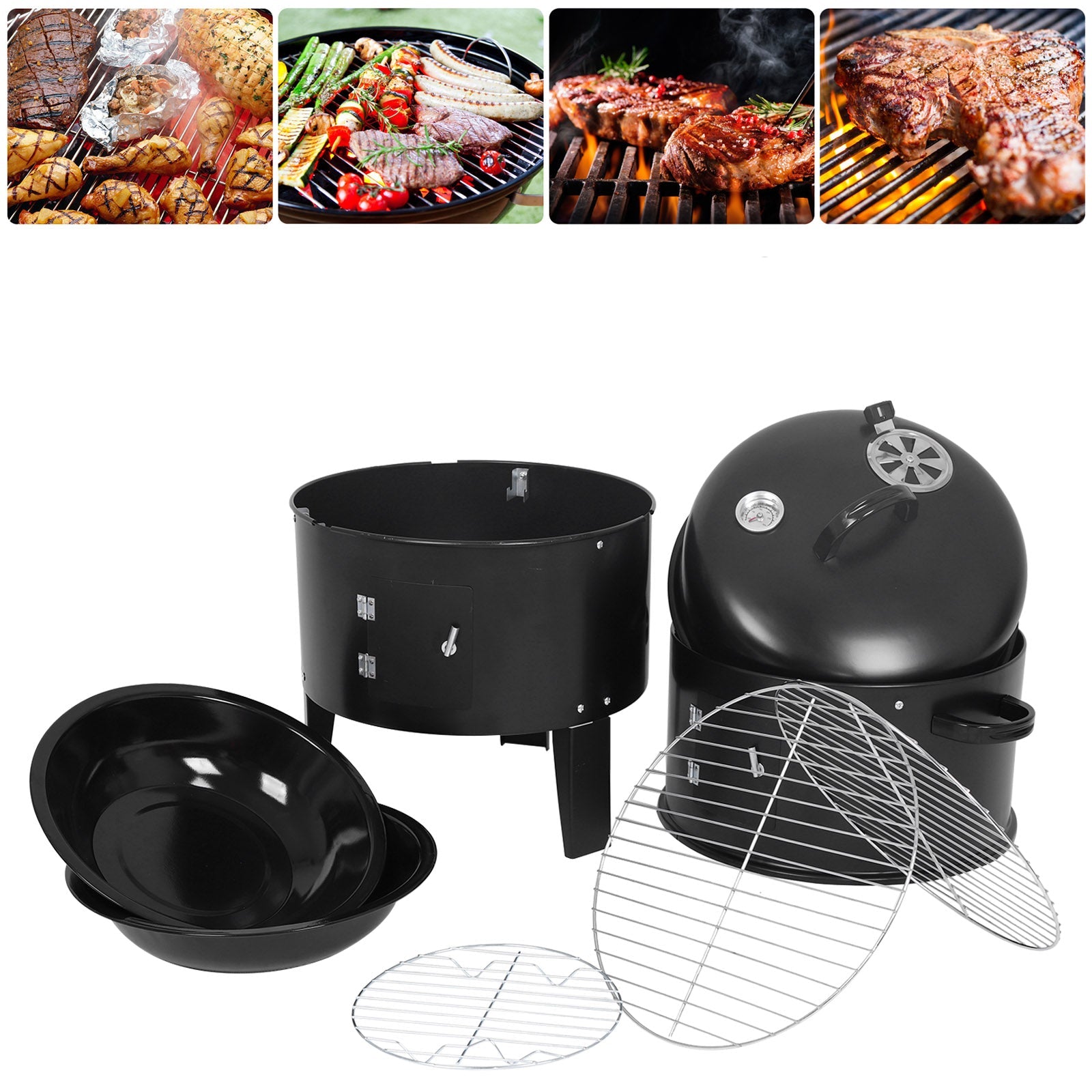 Grill Fumoir BBQ Vertical 3-en-1 avec Cuisson au Charbon et Eau