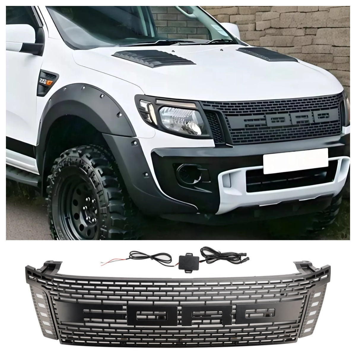 2012-2015 Ford Ranger T6 PX1 Raptor Front Grill Zgornji odbijač črne črne rešetke z LED lučmi