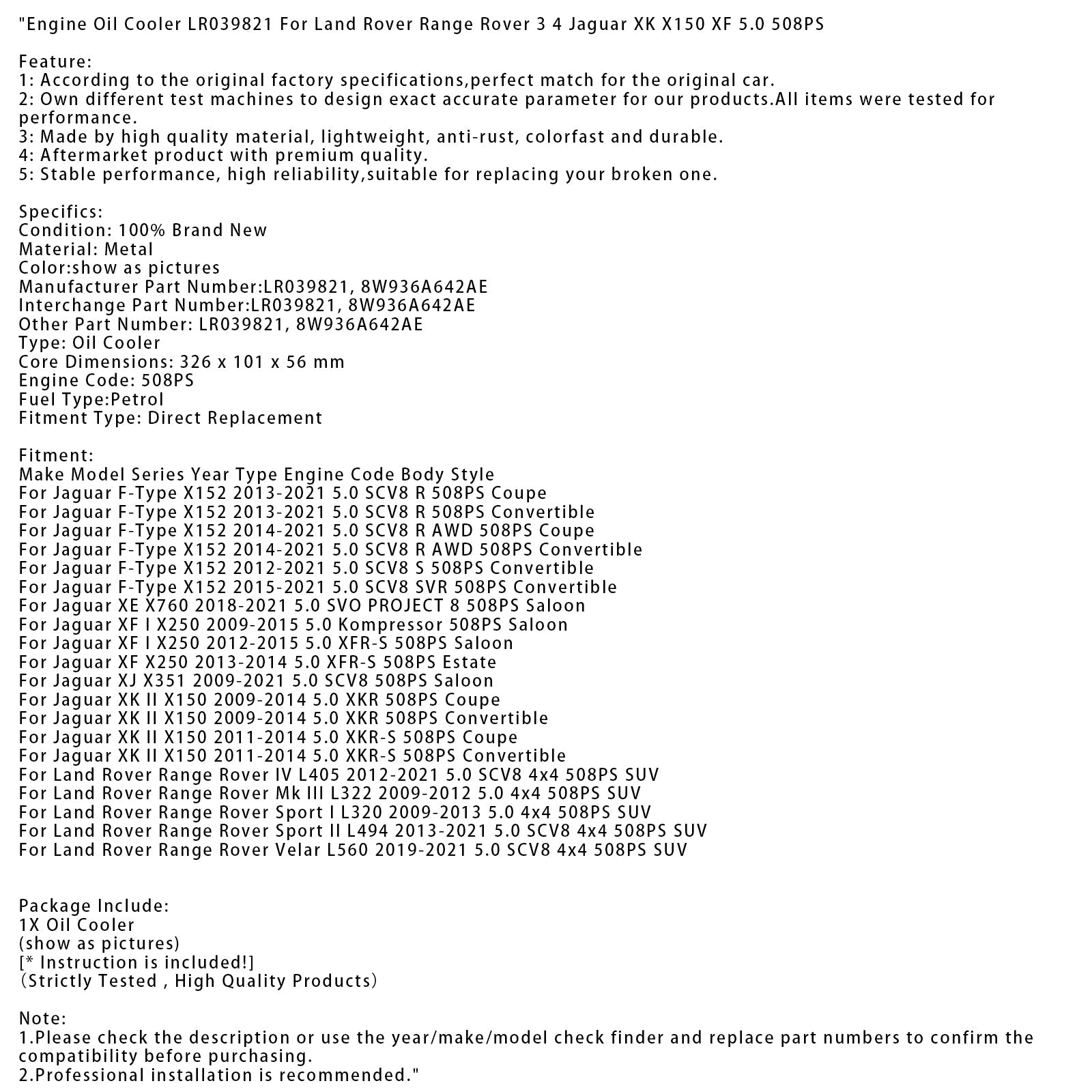 Refroidisseur d'huile moteur pour Jaguar F-Type X152 5.0 SCV8 R AWD 508 ch Cabriolet 2014-2021 LR039821 8W936A642AE