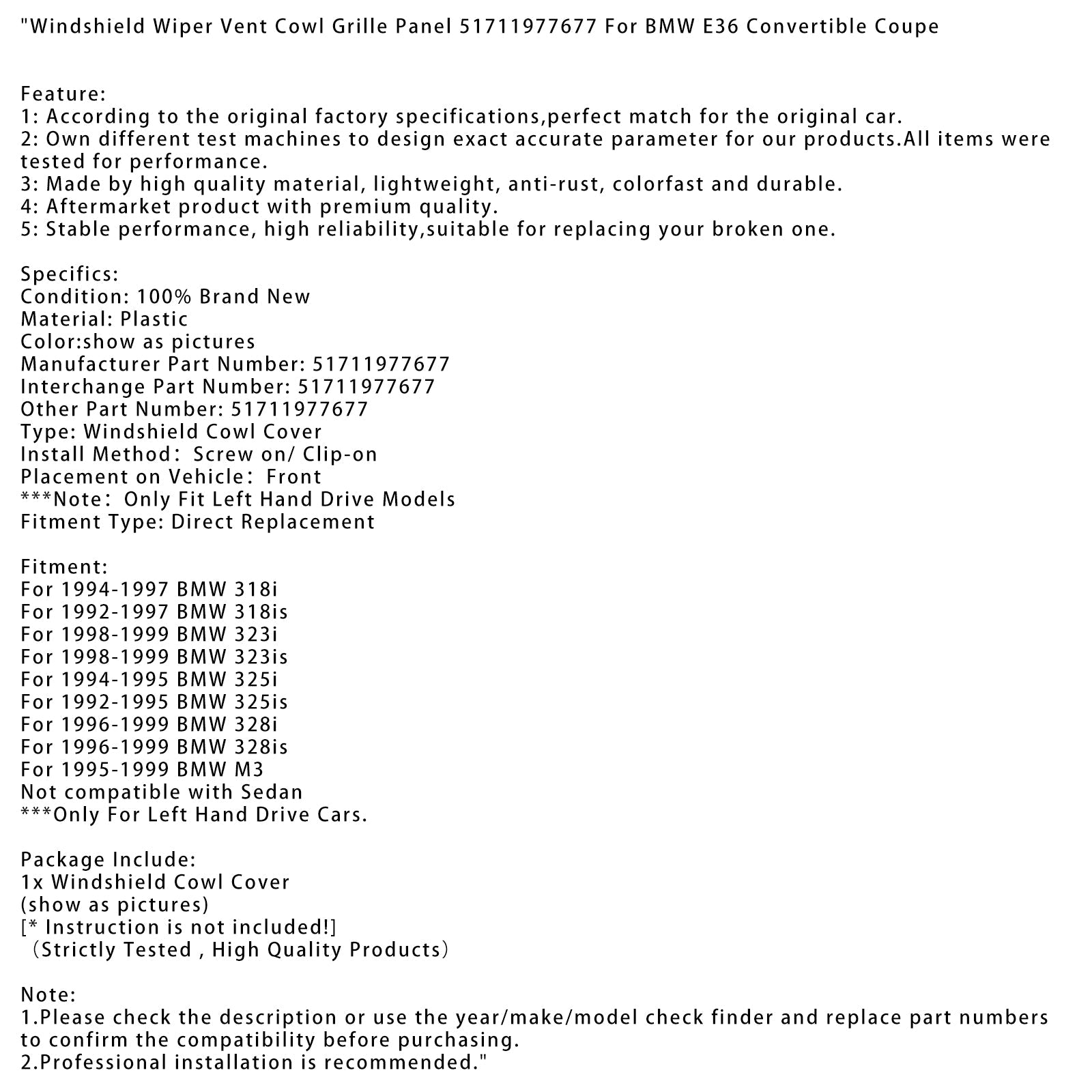 Pyyhkimen ilmanvaihtoverkon paneeli BMW 328IS: lle 1996-1999 51711977677777