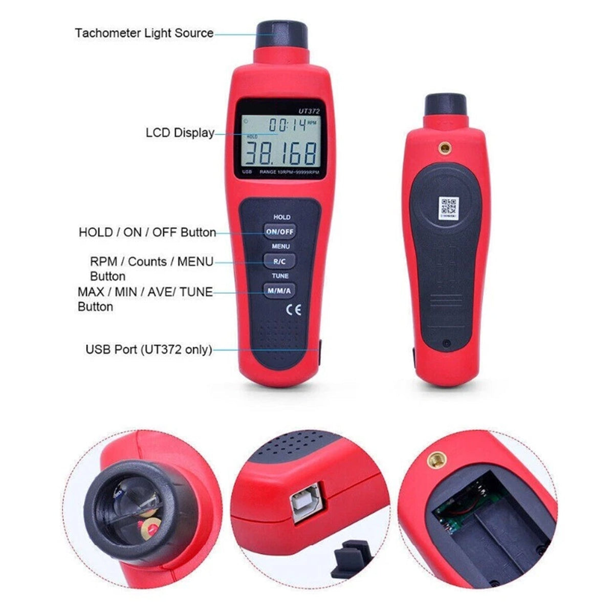 Tachymètre numérique laser sans contact UT372, mesure de vitesse de rotation jusqu'à 99 999 tr/min