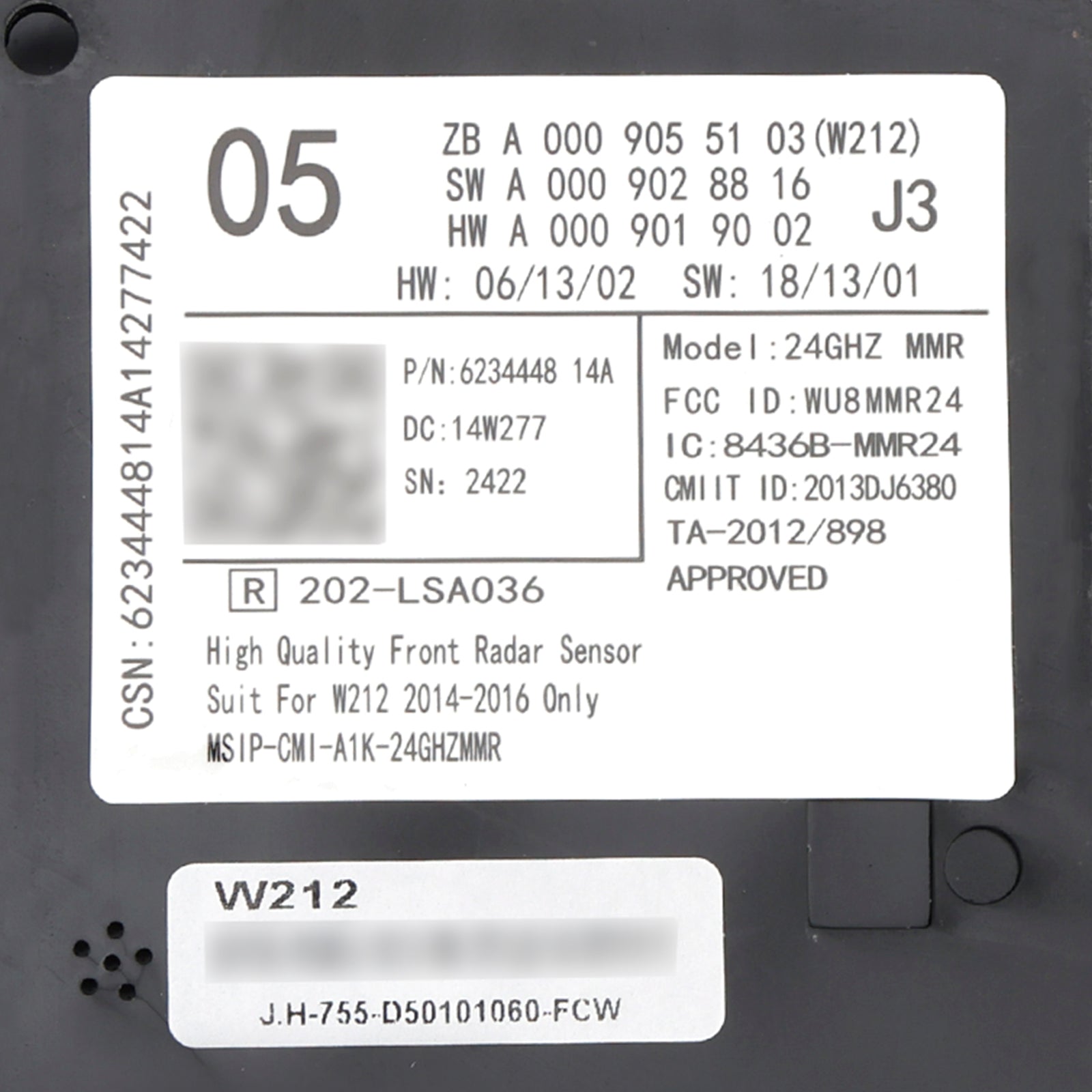 Sensor de radar delantero de Mercedes W212 2014-2016 A0009055103 A0009028816 A0009009102