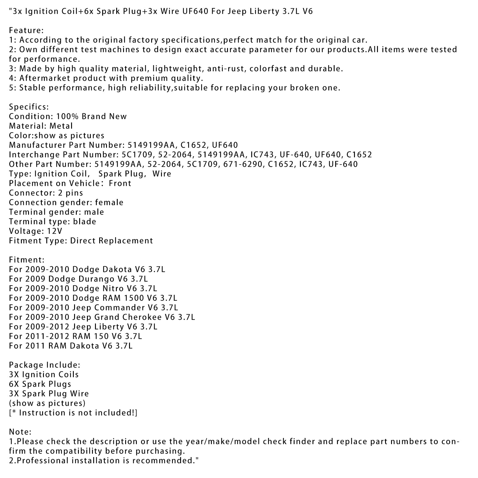 2009 Dodge Durango V6 3.7L 3 bobine di accensione + 6 candele + 3 cavi UF640