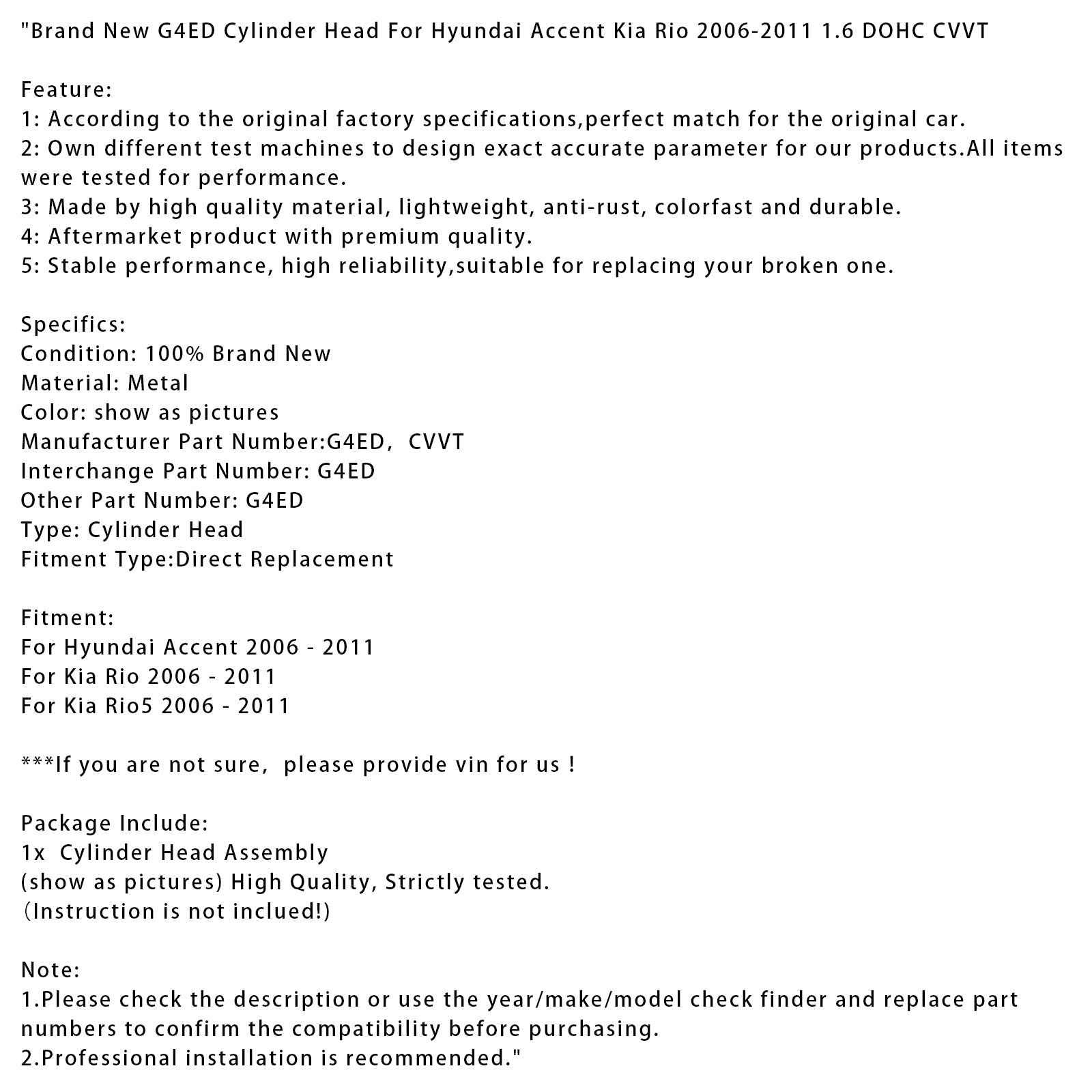 Nuevo cabezal de cilindro G4ED para Hyundai Accent Kia Rio 2006-2011 1.6 DOHC CVVT