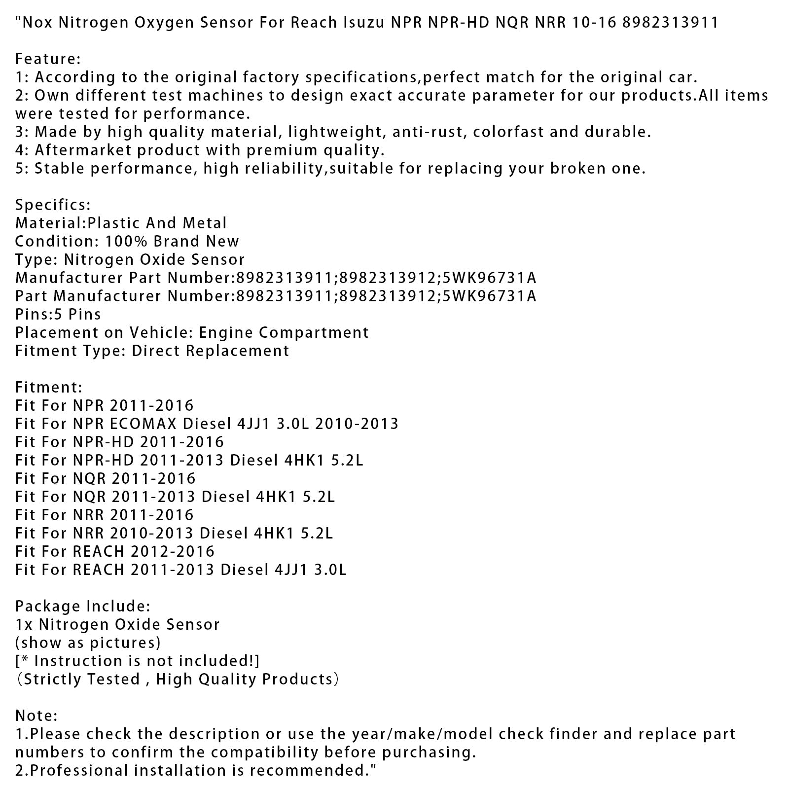 Senzor d&kisik in d'dušik NPR-HD Nox 2011–2016 8982313911 8982313912 5WK96731A