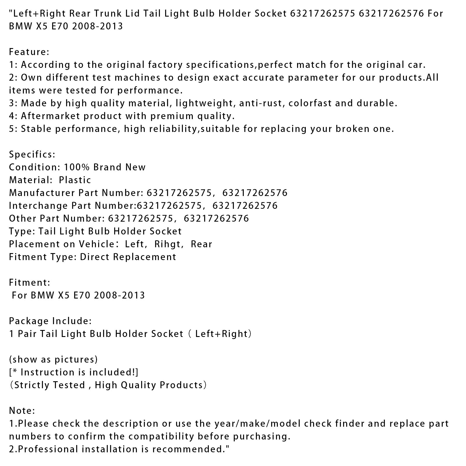 Douille de support d'ampoule de feu arrière gauche et droit pour couvercle de coffre arrière BMW X5 E70 2008-2013 63217262575 63217262576
