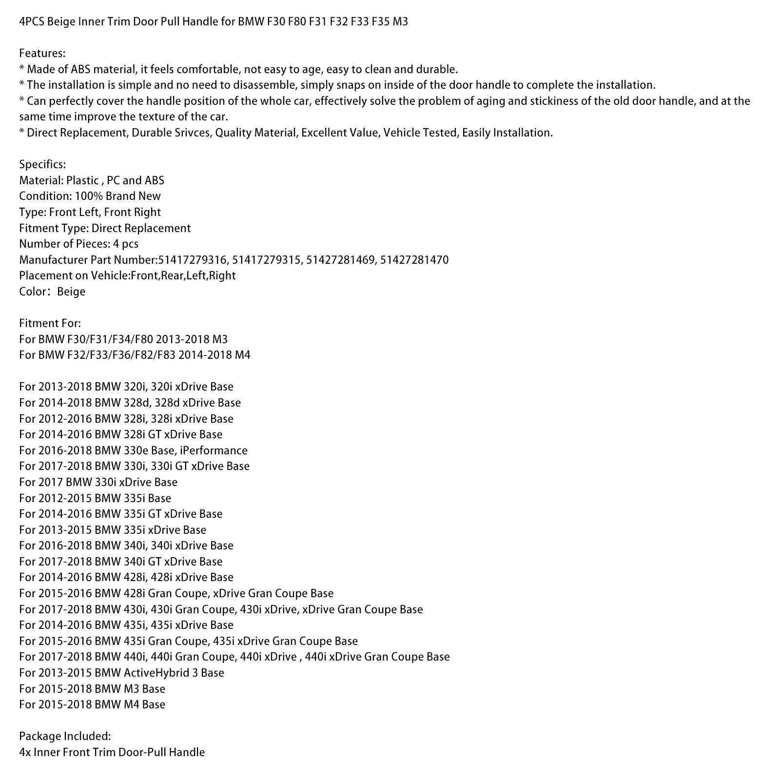 Lot de 4 poignées de porte intérieures beiges pour BMW F30 F80 F31 F32 F33 F35 M3