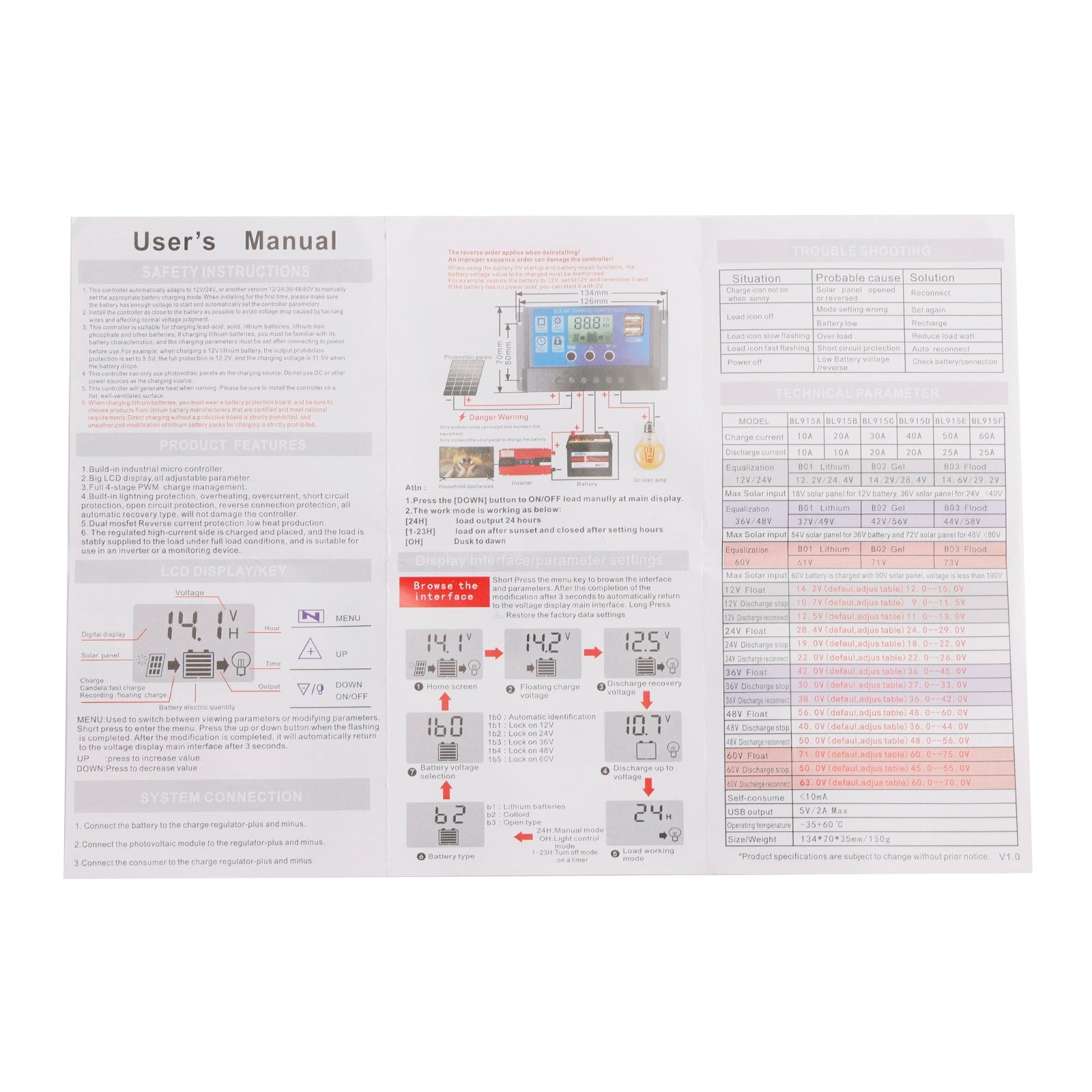 Contrôleur solaire PWM 12 V-60 V, affichage du courant, contrôle de l'éclairage public solaire, démarrage 0 V