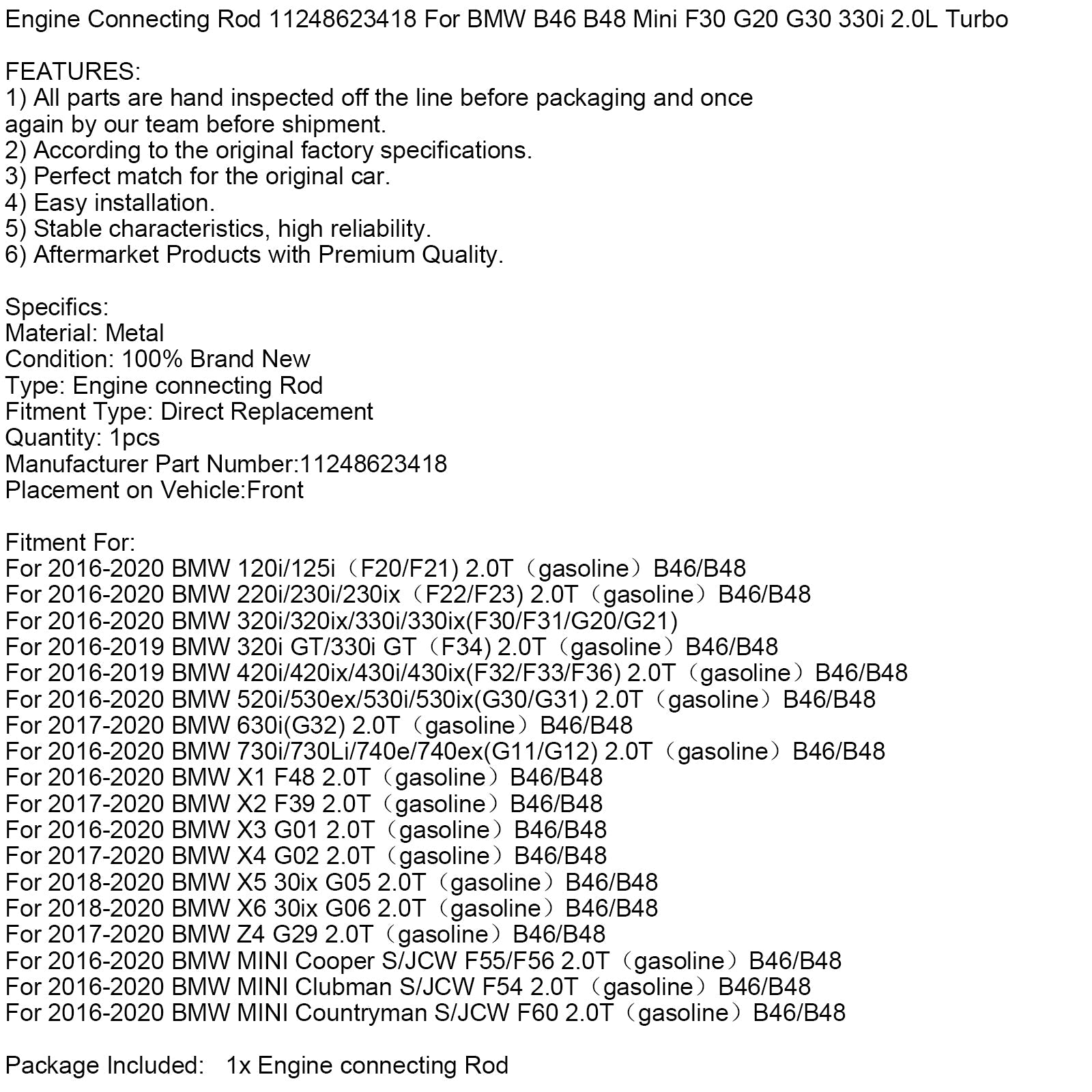 Bielle de moteur 11248623418 pour BMW B46 B48 Mini F30 G20 G30 330i 2.0L