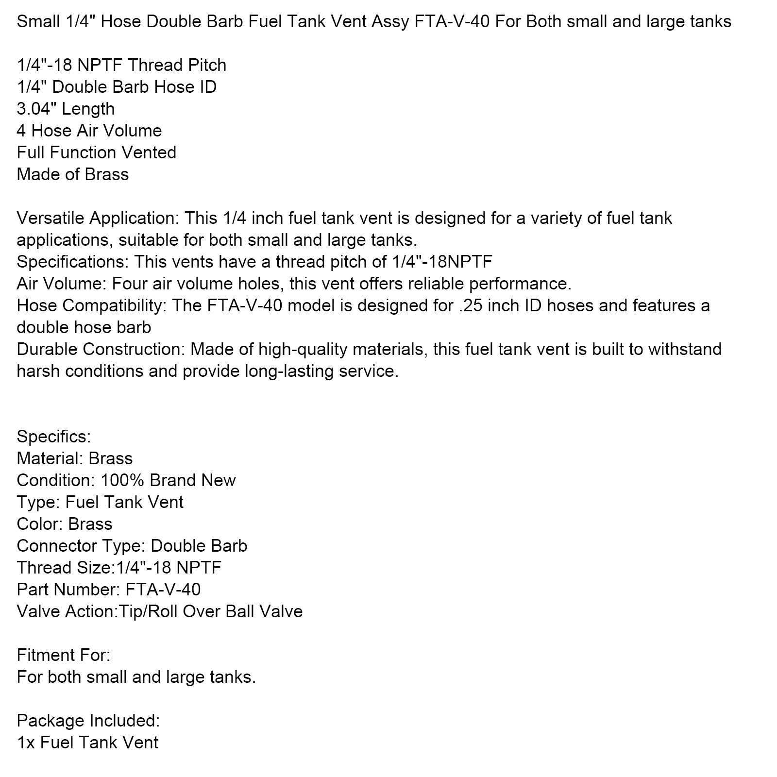 Cev iz&1/ odzračevanje rezervoarja za gorivo4""notranji premer, navoj 1/"4""-18NPTF za majhne in velike rezervoarje