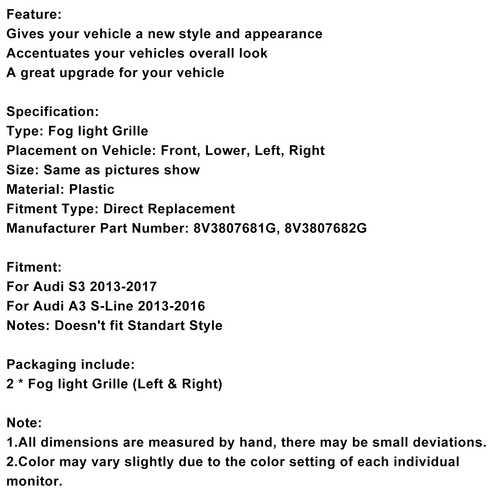 Lagere bescherming van het voorste mistlicht vóór Audi A3 S3 S-Line 2013-2016 8V3807682G 8V3807681G